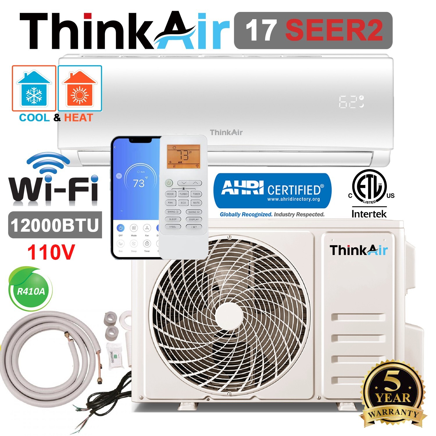 12000 BTU Mini Split 17 SEER2 Ductless Air Conditioner Heat Pump 1 Ton 110V wifi