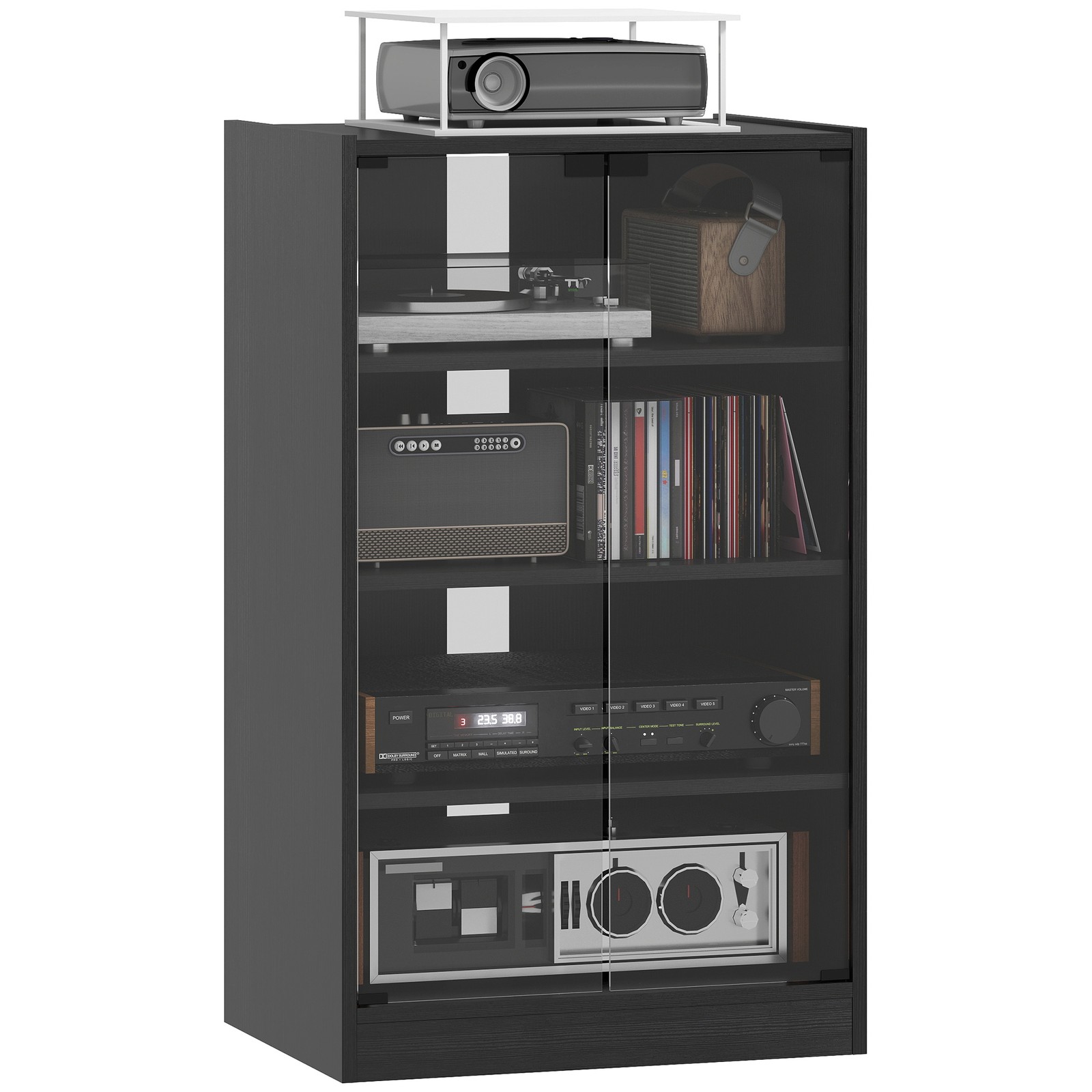 Wood Grain Storage Console Center with Glass Doors and Cable Management, Black