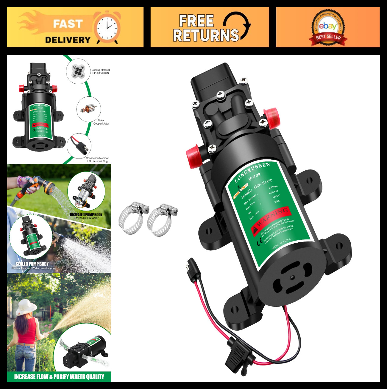 12V Diaphragm Water Pump 1.2GPM 85PSI – Self-Priming, Quiet for RVs, Boats, Lawn