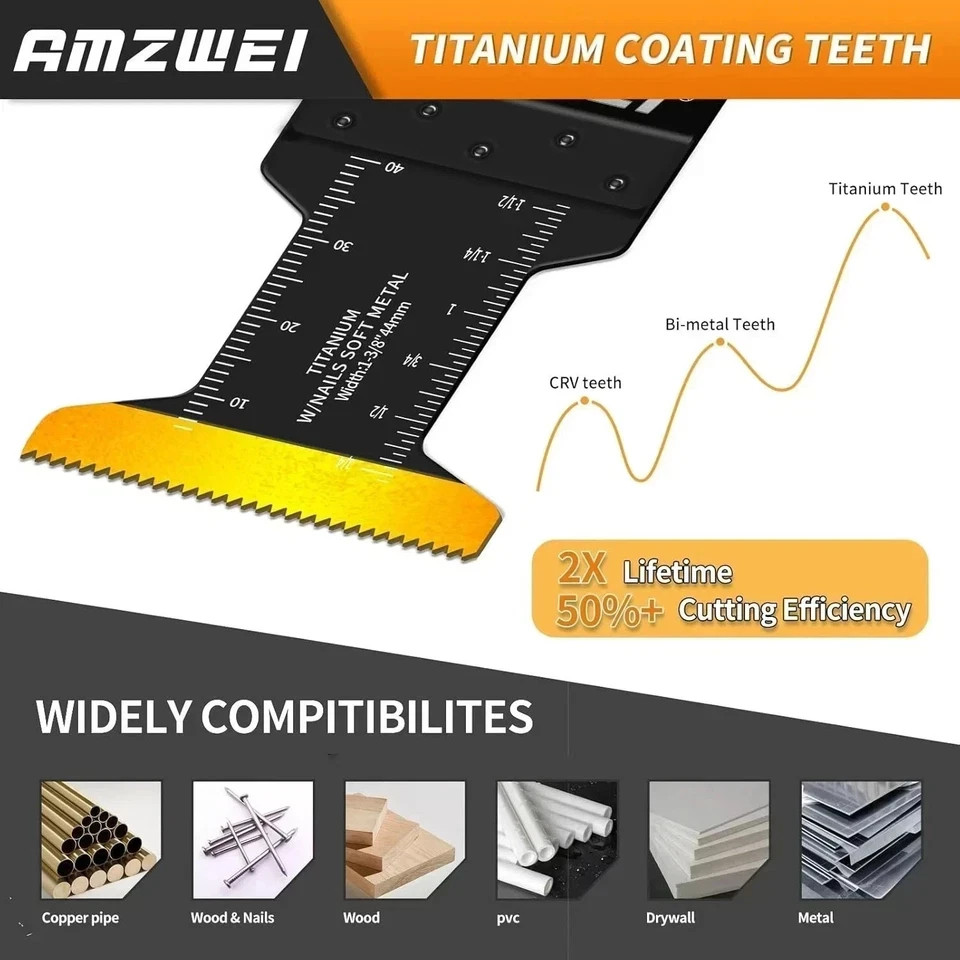 50PCS Titanium Oscillating Tool Blades, Curved Edge Oscillating Saw Blades for M