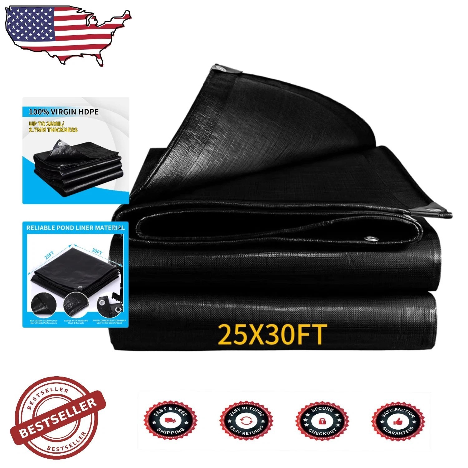 Heavy Duty 25x30FT Pond Liner, 28 Mil Thick Reinforced PE, Flexible, UV Resis…