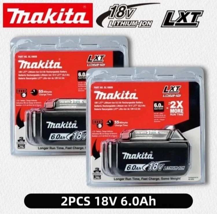 2 Pack Makita BL1860B-2 18V LXT Lithium‑Ion 6.0Ah Battery