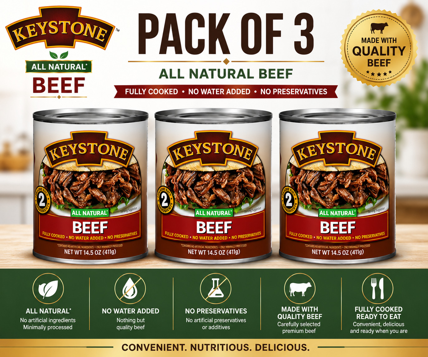 Keystone Meats All Natural Beef 3 Cans | Fully Cooked 14.5 oz Canned Meat Bulk