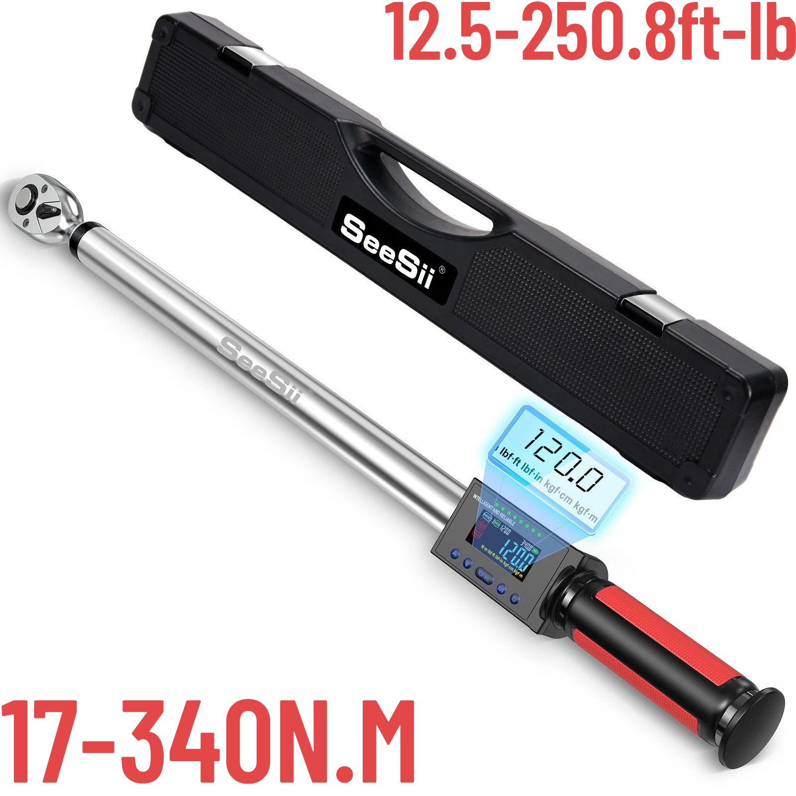 Digital Torque Wrench 1/2 Drive, 12.5-250.8ft-lbs/17-340N.m 2% Torque Accuracy