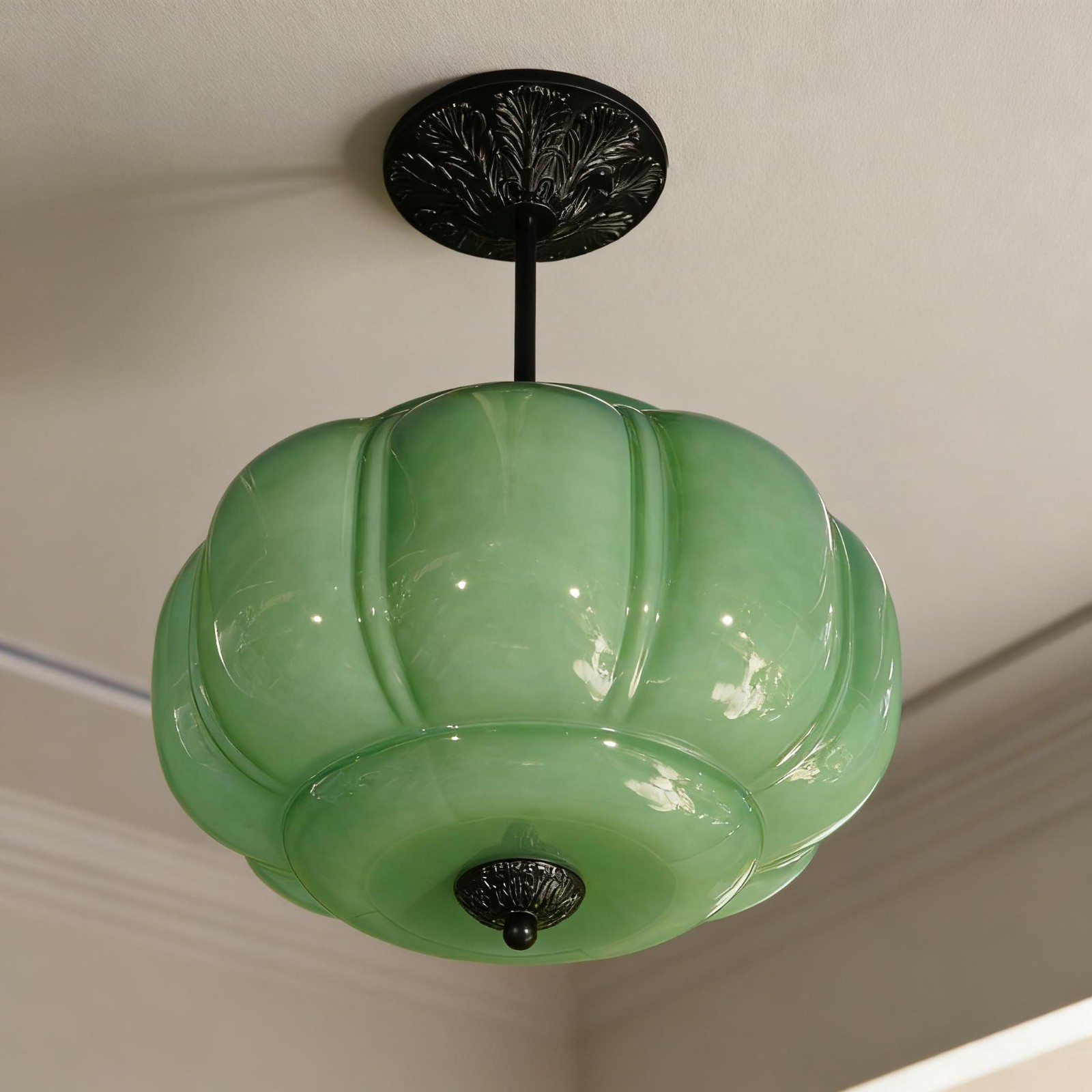 14’Simple Green Pumpkin Shaped Pendant Light,Living Room/dining Room Glass Light