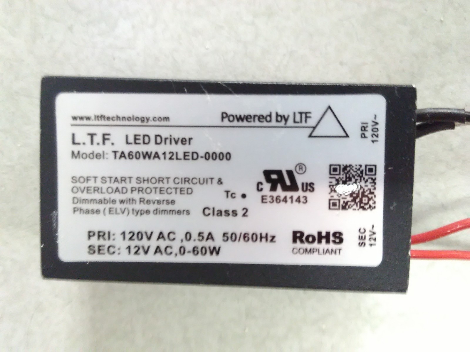 LED Driver L.T.F. TA60WA12LED-0000 120 VAC 0.5A 50/60HZ