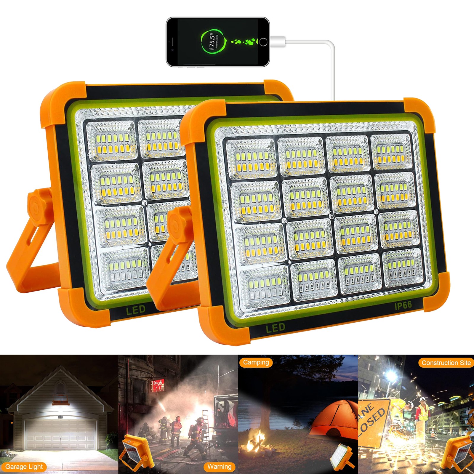 2X 650W Solar Rechargeable Work Light–100LM Portable LED Flood Light with Stand