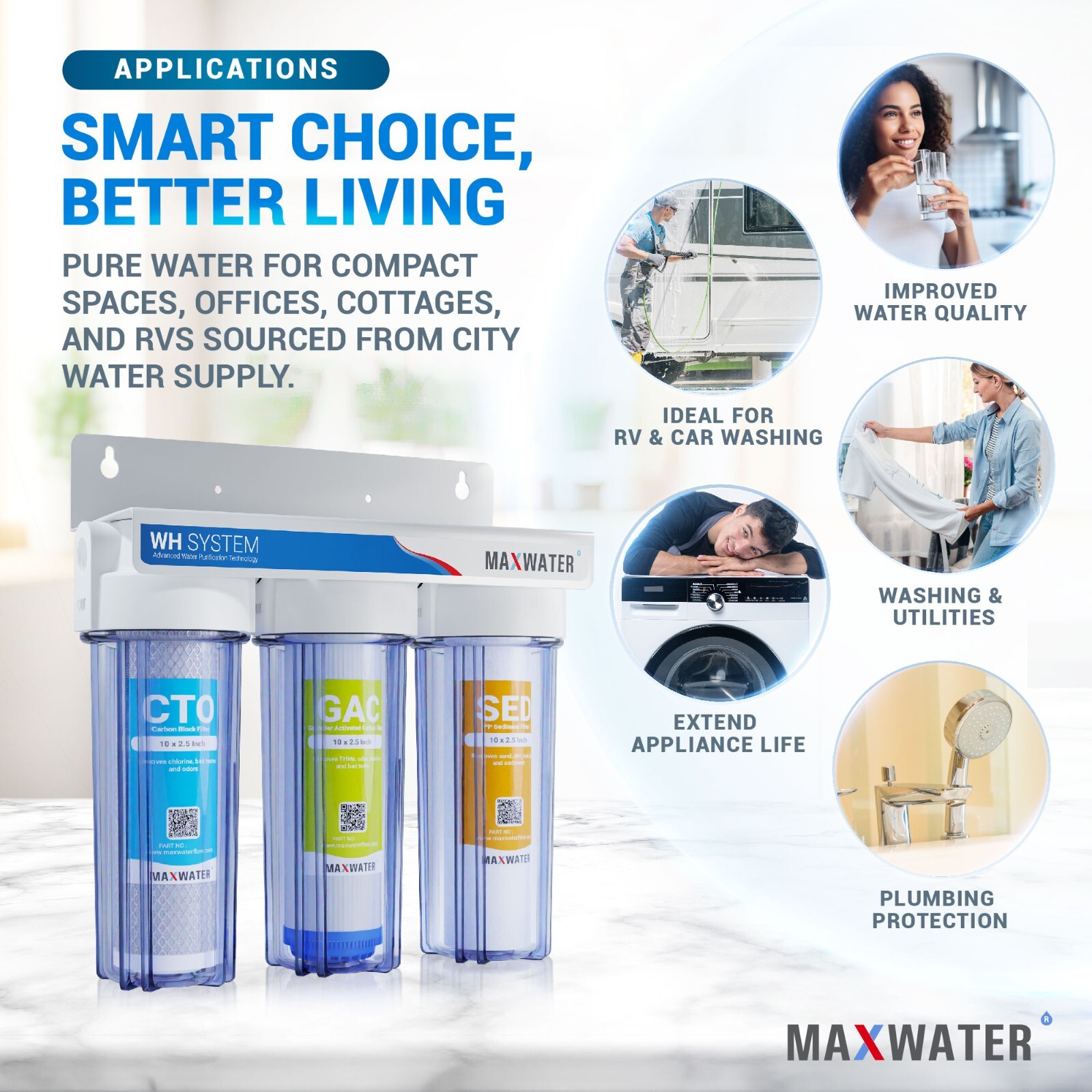 Whole House Water Filter System 2.5″ x 10″ Three Stage Filtration 3/4″ Inlet