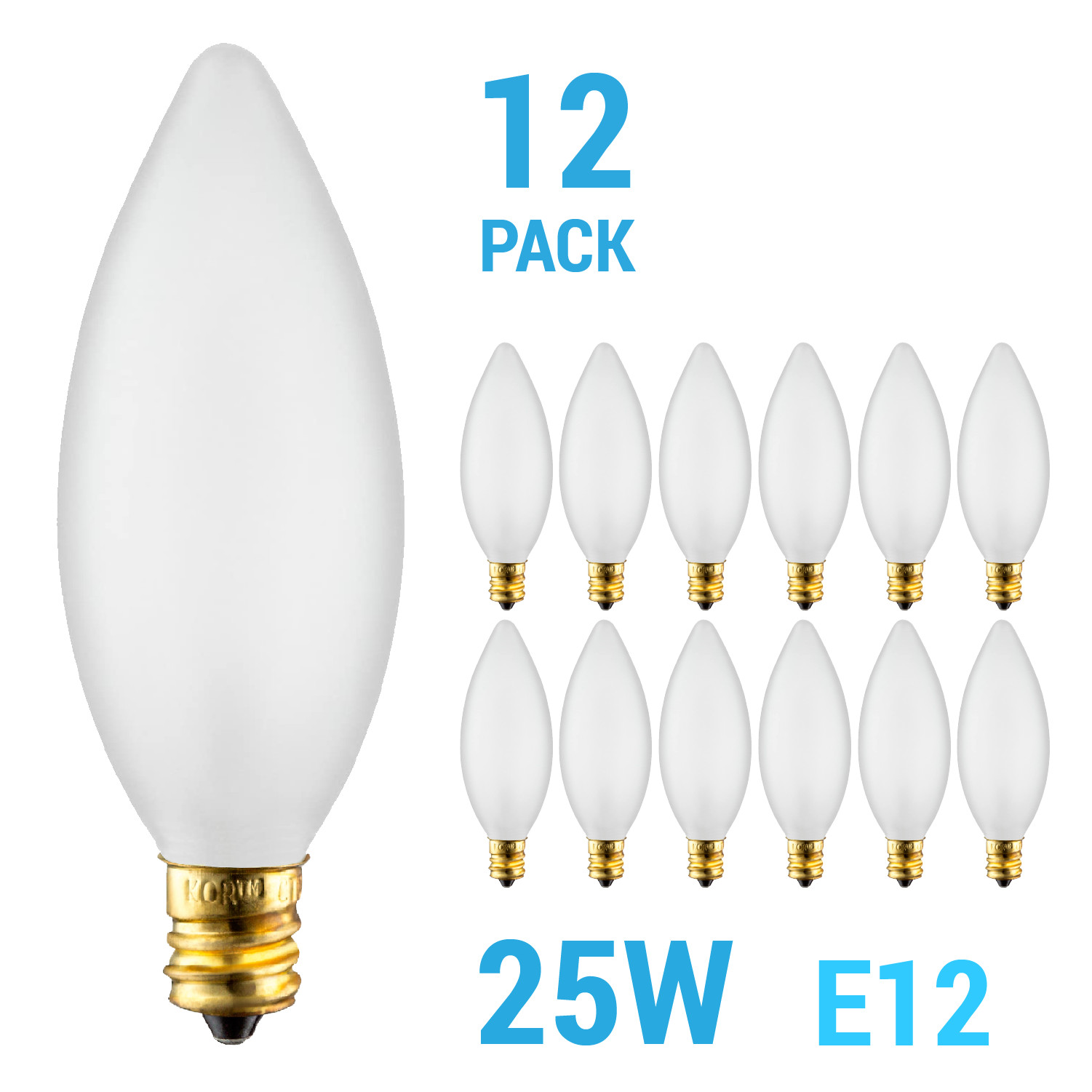 12 Pack Chandelier Torpedo Tip B10 Bulbs 120V 25W Candelabra E12 Frosted 2700K