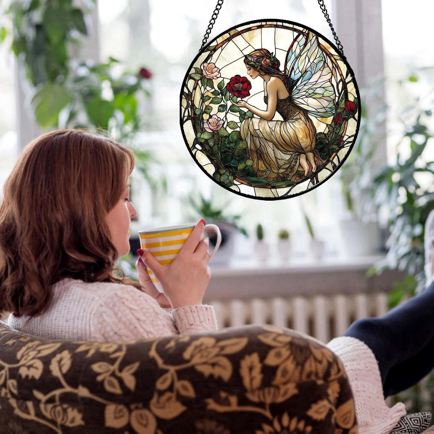 Colorful Butterfly Fairy Stained Glass Suncatcher – 9.8in Window Decor Piece