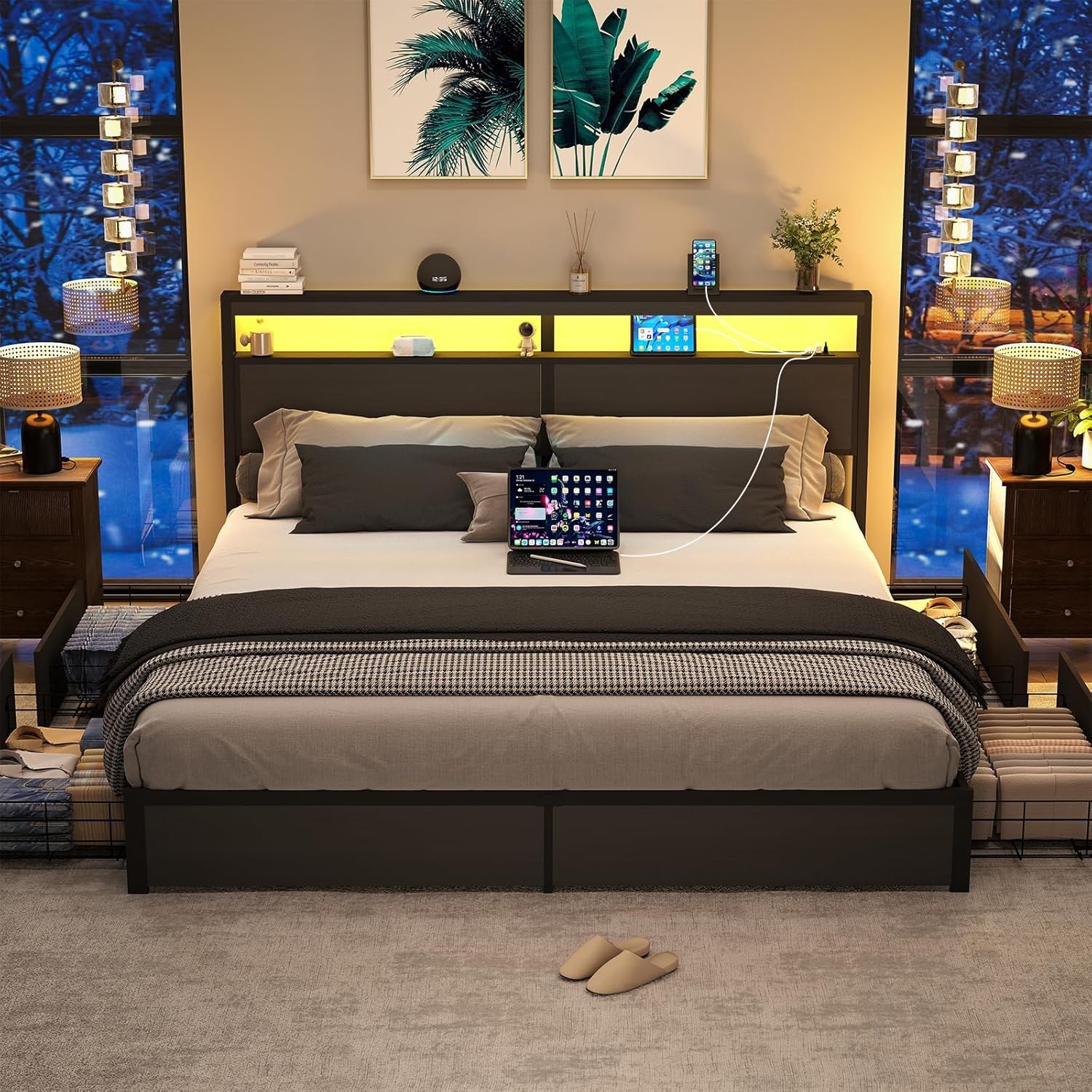 Queen Size LED Bed Frame with Storage Headboard and 4 Drawers Charging Station