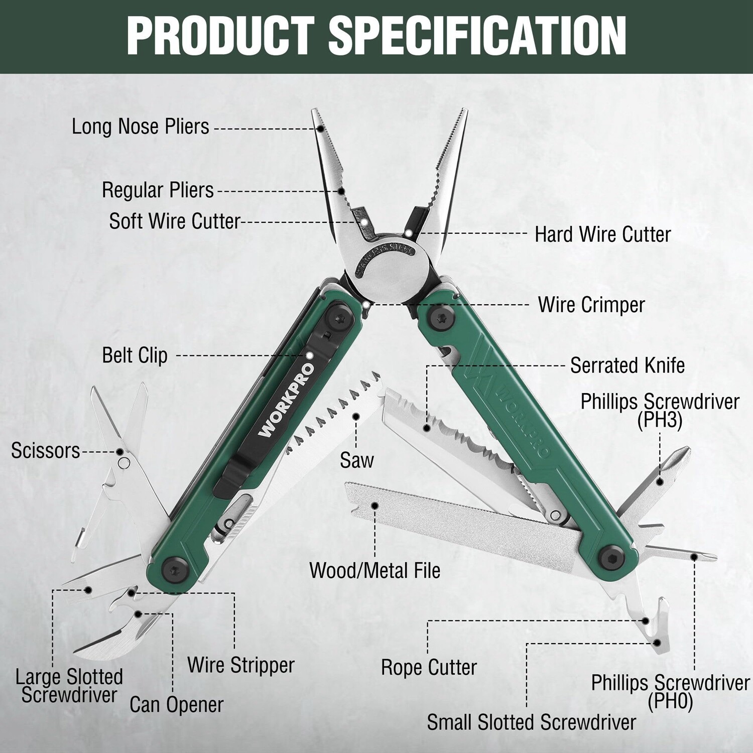WORKPRO 18-in-1Stainless Steel Multi Tool Plier EDC Multitool 2Safety Lock Green