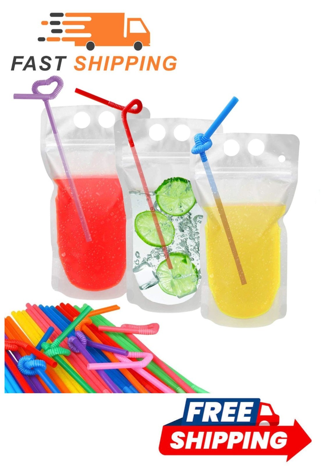 100 Pcs Drink Pouches with 100 Straw Holes, Freezable Juice Pouches, Translucent
