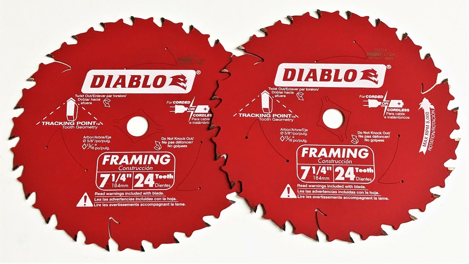 2 DIABLO 7-1/4″ CARBIDE TIP CIRCULAR SAW BLADES 24T 24 TOOTH FRAMING D0724 FREUD