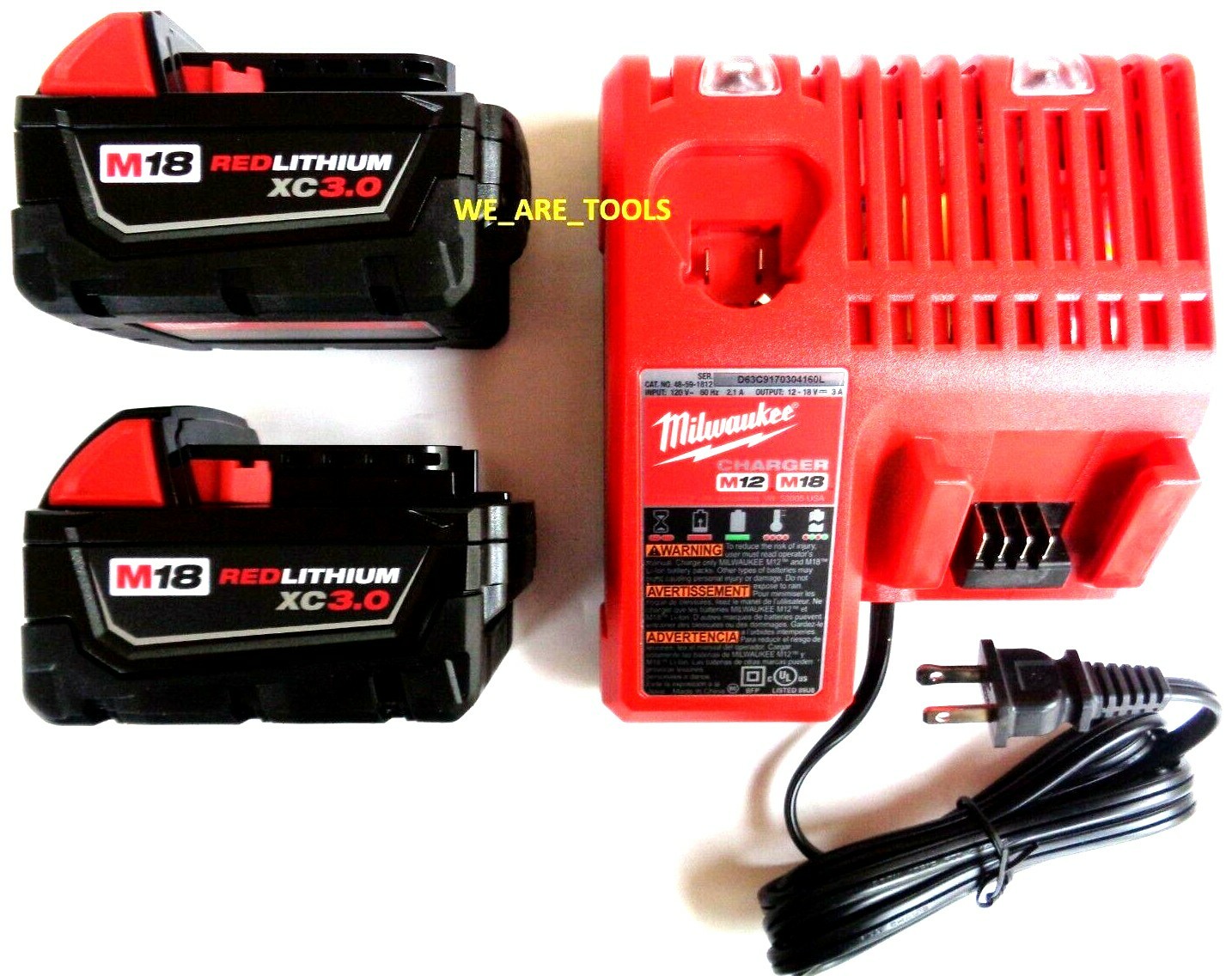 2) GENUINE M18 Milwaukee 48-11-1828 3.0 Batteries, 1) 48-59-1812 Charger 18 Volt