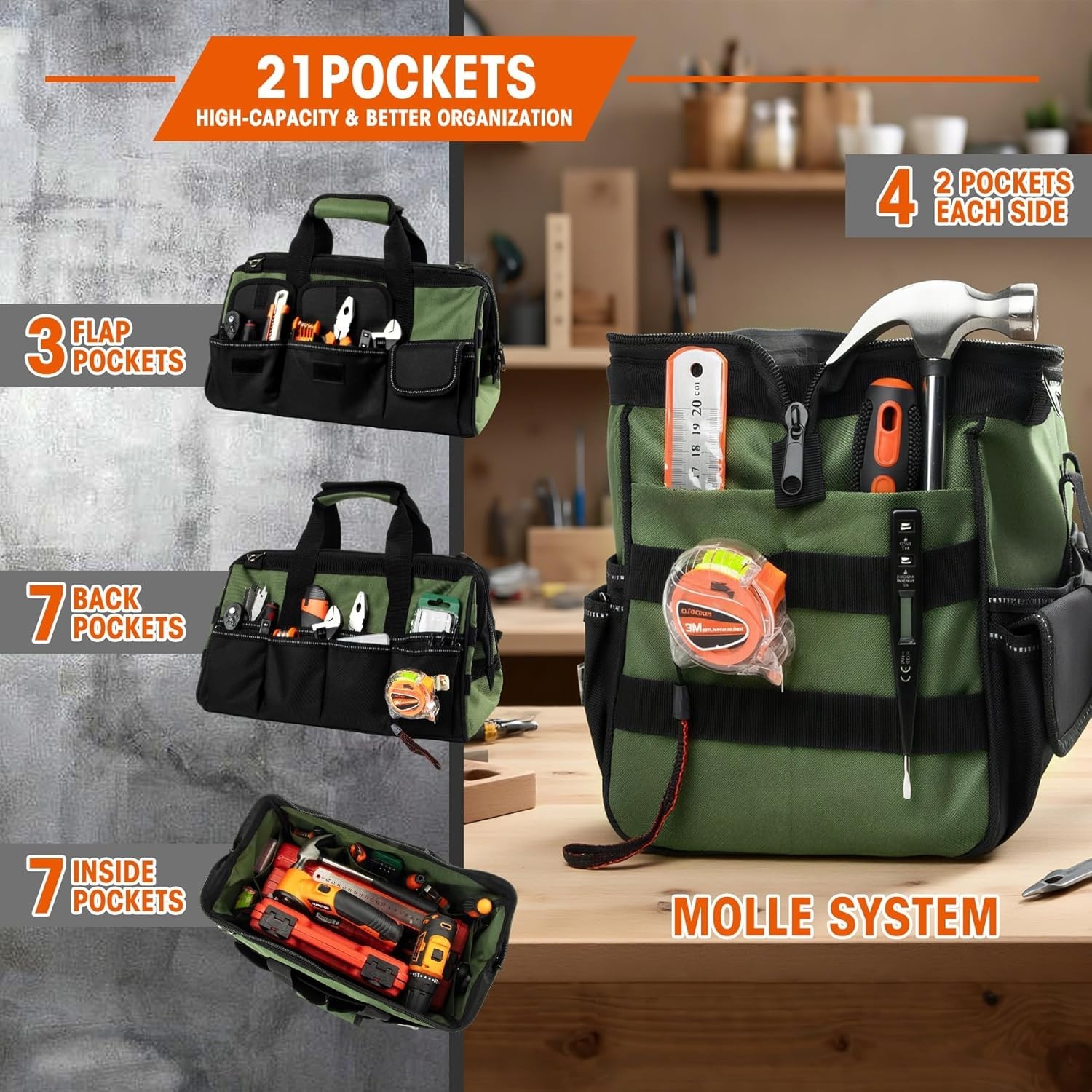 Bolsa de herramientas resistente, organizador portátil de 40 cm con 16 bolsillos