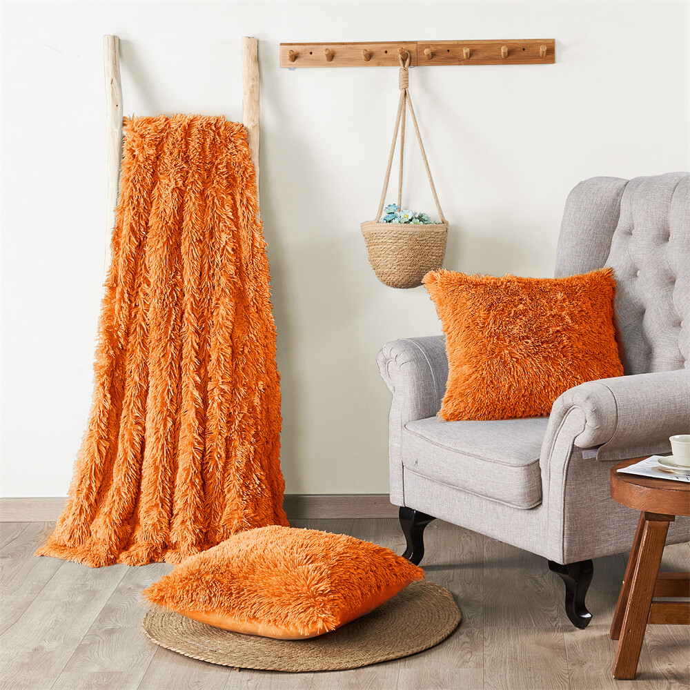 HST Fuzzy Shaggy Faux Fur Throw Blanket and Pillow Cover 3 Piece Set Plush Soft