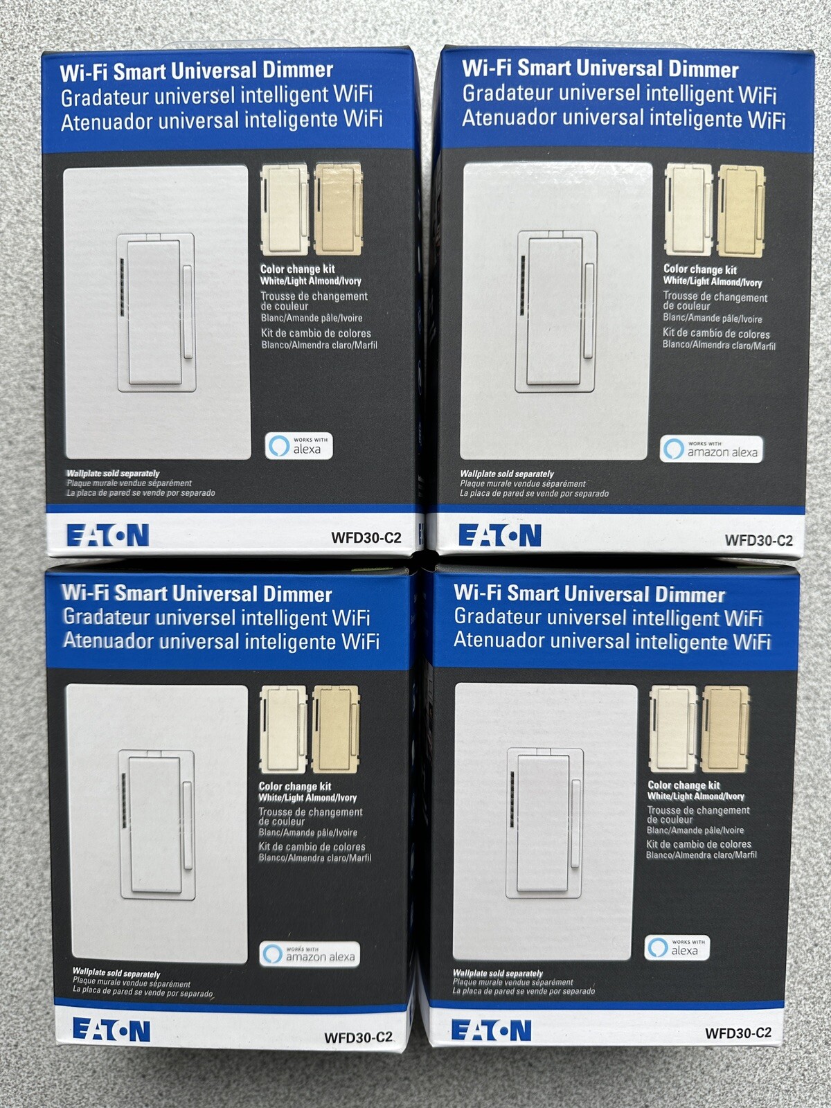 4 NEW Eaton WFD30-C2-SP-L Wi-Fi Smart Dimmer Switch White/Light Almond/Ivory LOT