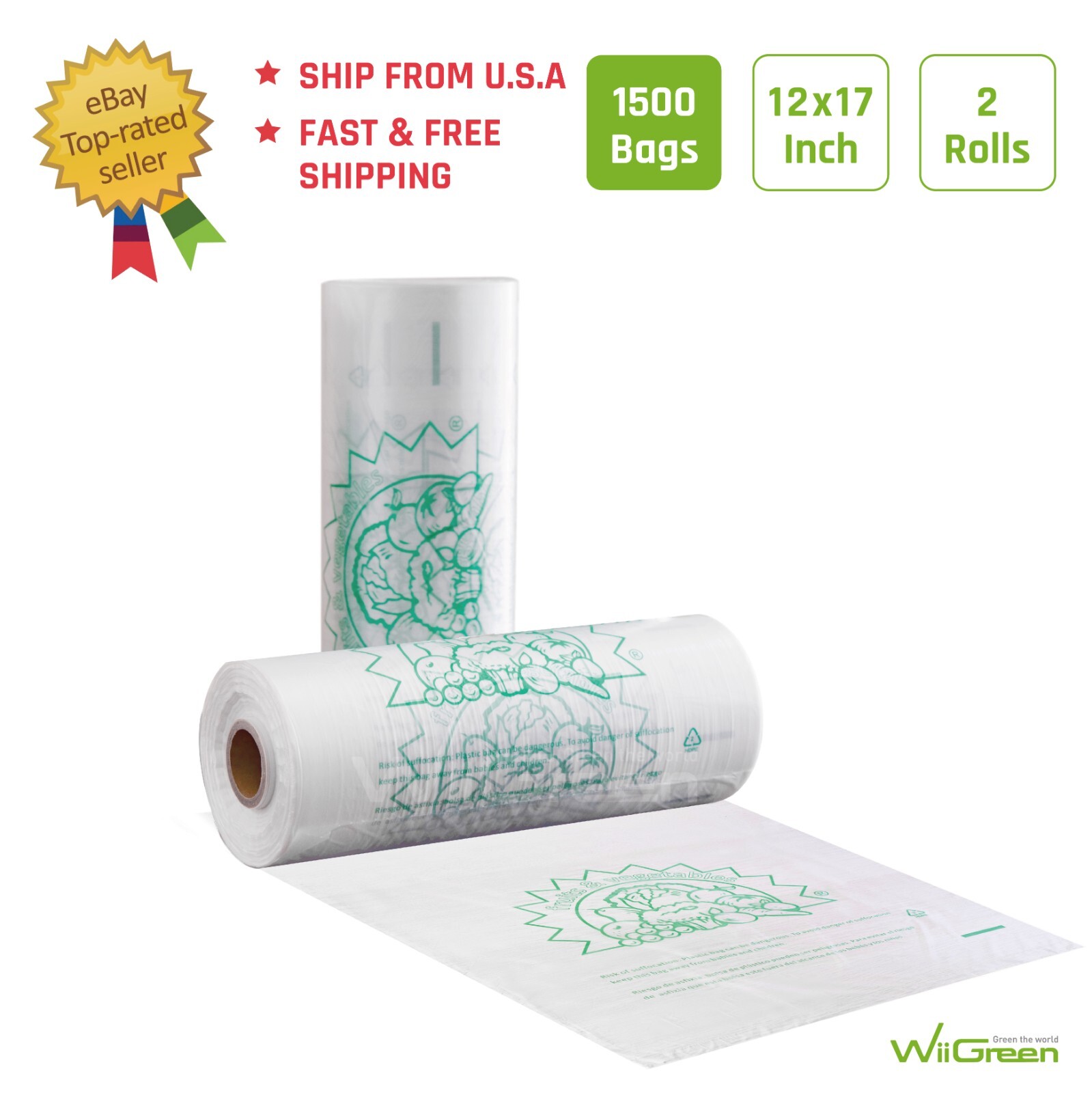 2 rolls 1250 Bags Plastic Produce 12×17 Grocery Kitchen Fruit Vegetable Food