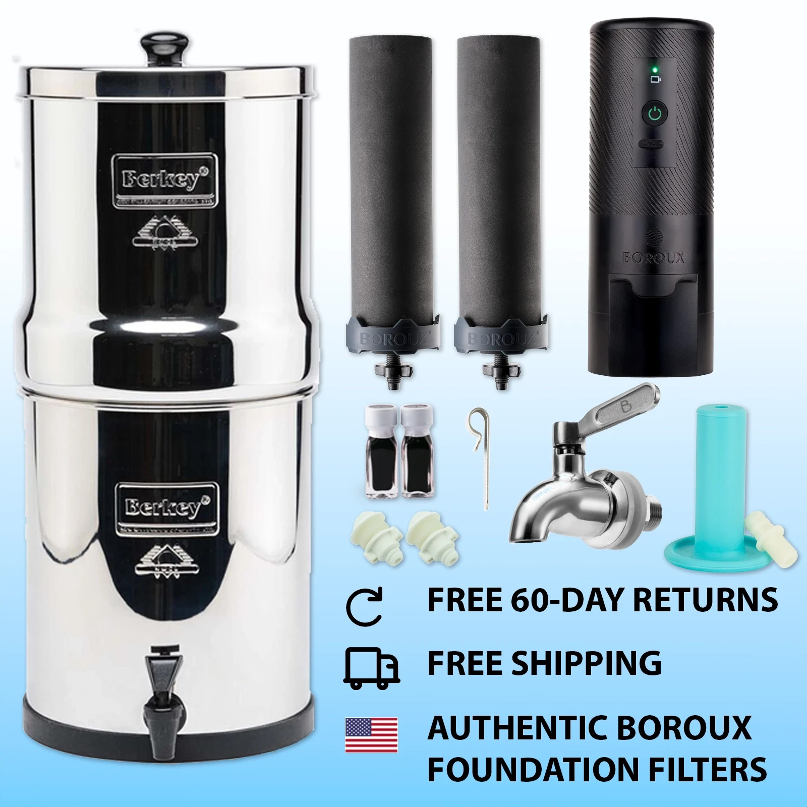 Berkey Water Filter System with 2 Certified Boroux Foundation Black Filters