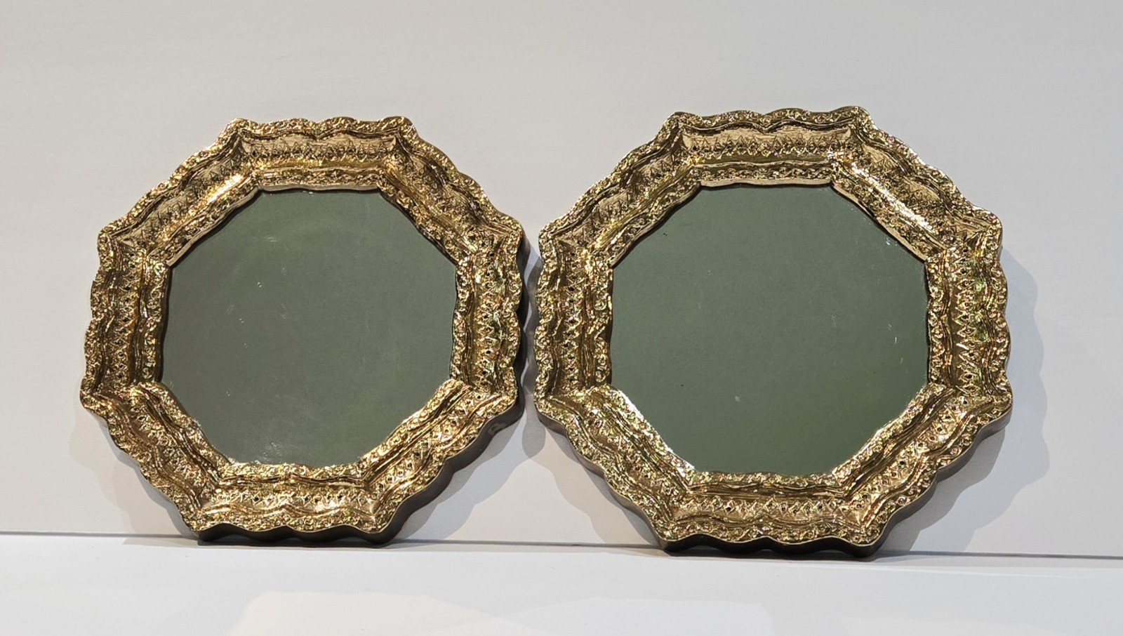 Vintage Burwood #4443 Pair Of Small Gold Octagon Hanging Wall Mirrors 6 5/8″