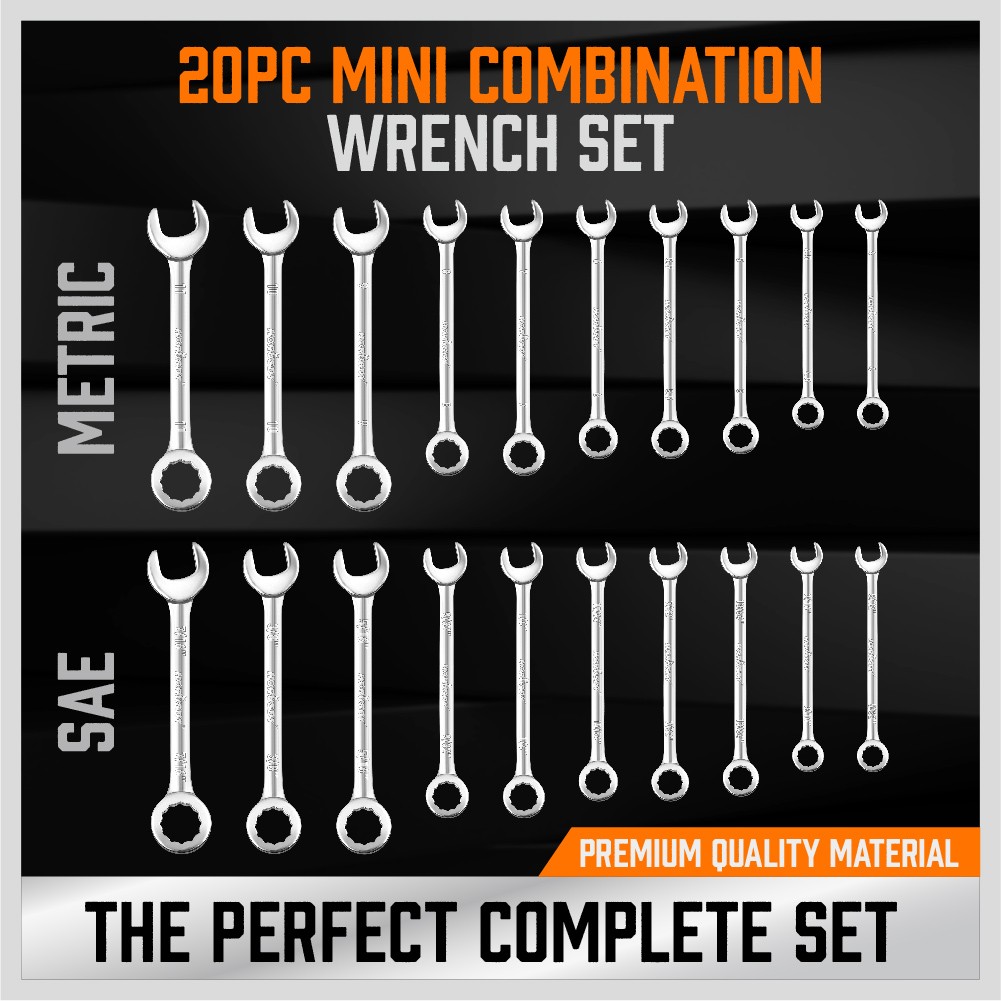 22PCS Combination Wrench Set Ignition Spanner Steel Tools Metric SAE Mini Small
