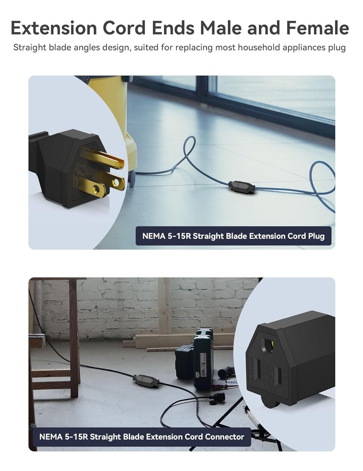 Black 15A 125V Plug and Connector Set – Toughened, Easy to Replace, 2 Count