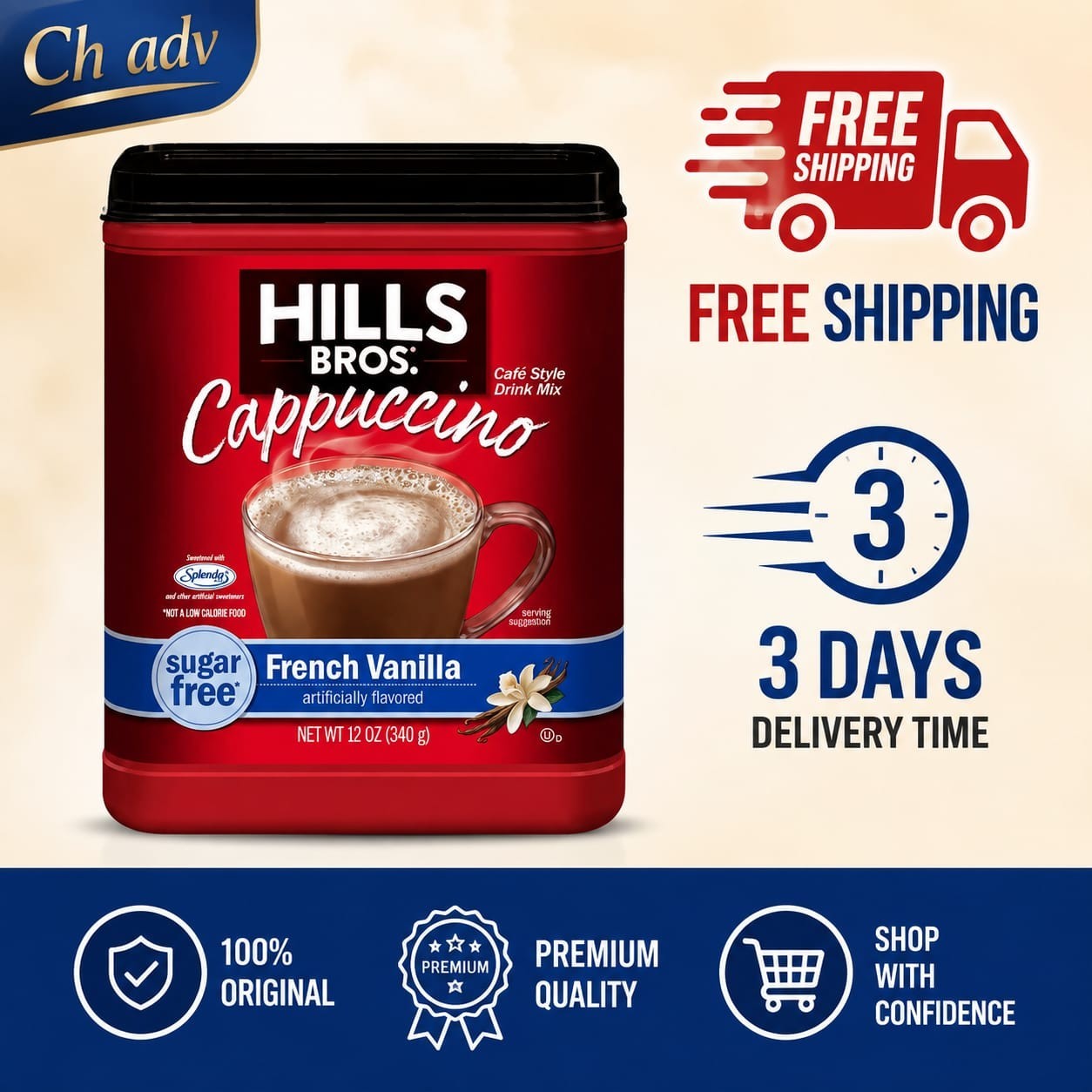 Hills Bros. Instant Cappuccino Mix, Sugar Free French Vanilla 12 Oz, Pack of 1
