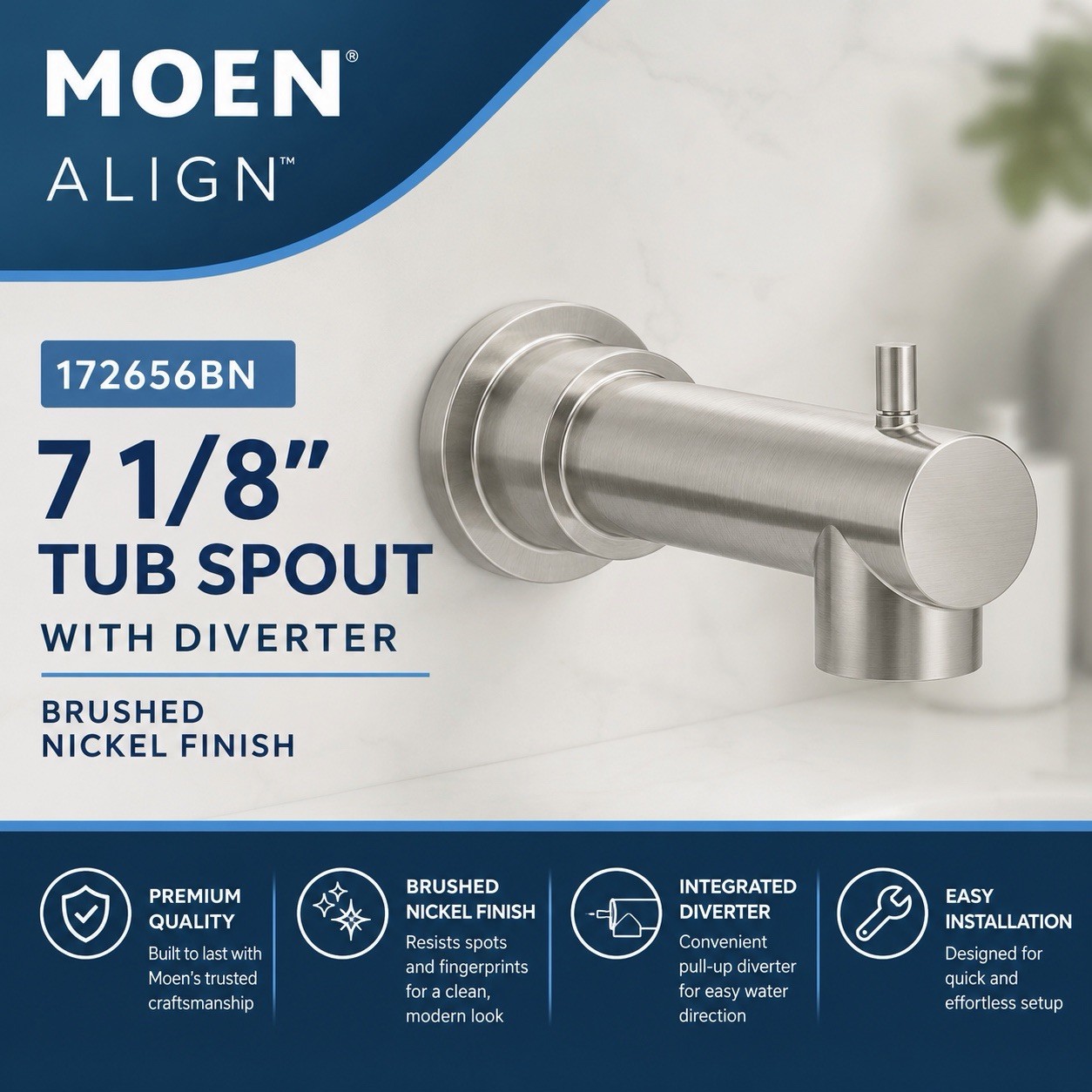 NEW MOEN 172656BN ALIGN 7 1/8” Tub Spout with Diverter Brushed Nickel Finish