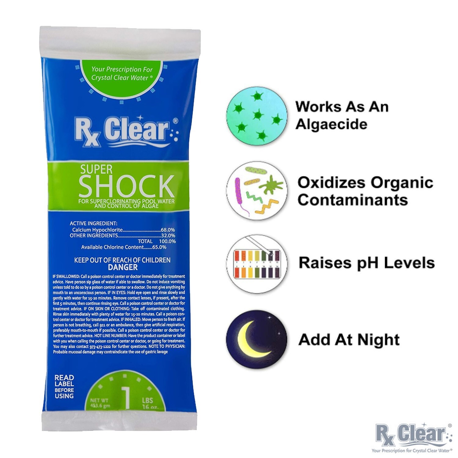 Rx Clear 68% Calcium Hypochlorite Super Chlorine Pool Shock – 1 lb Bag