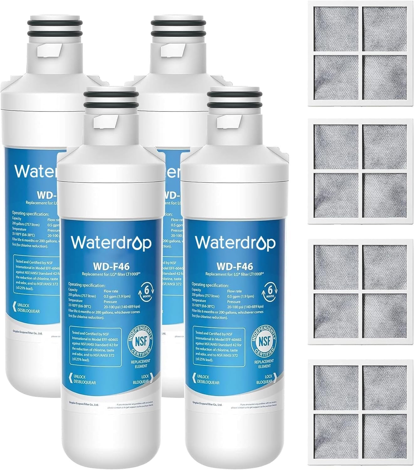 Waterdrop Refrigerator Water Filter Air Filter Replacement for LG® LT1000P®, (4)