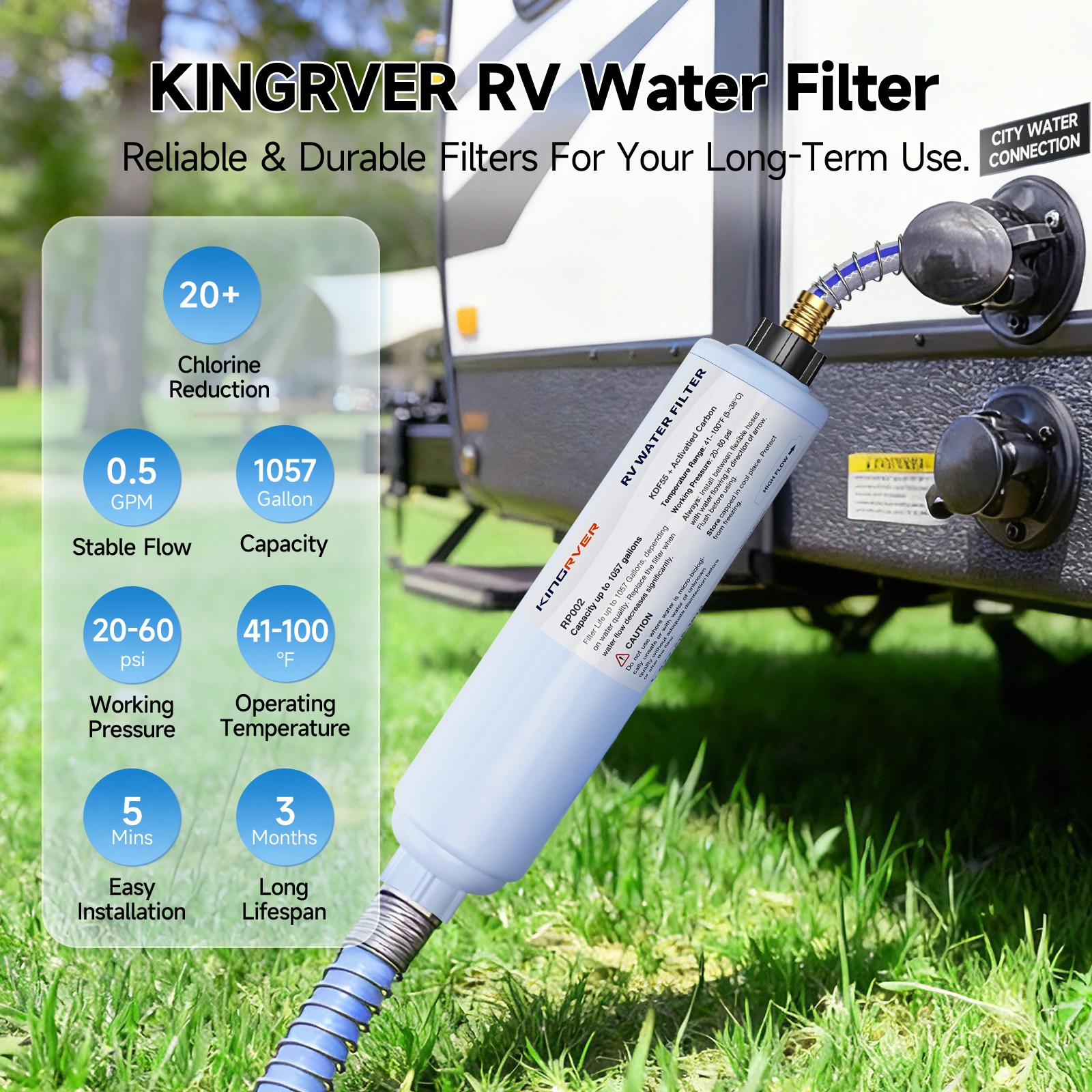 2 Pack RV Inline Water Filter w/Flexible Hose for Drinking & Washing Filter