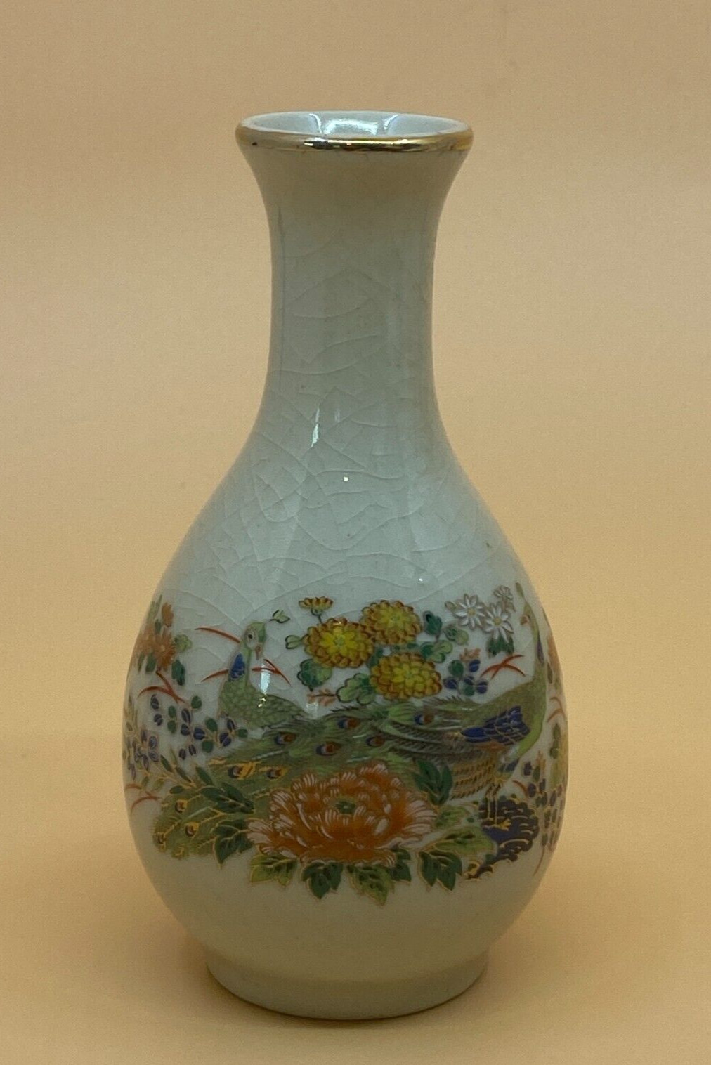 Mini Vase PRICE PRODUCTS JAPAN Peacock Floral Design Crazed Finish 4.25in tall