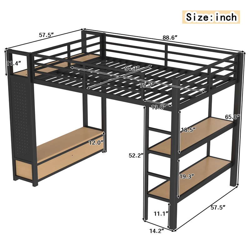 Full Size Loft Bed Frame w/Wardrobe,Metal Loft Bed with Storage Shelves Black