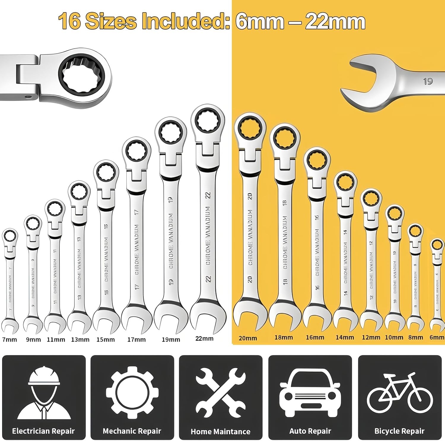 16PC 6-22mm Metric Flexible Head Ratcheting Wrench Combination Spanner Tool Set
