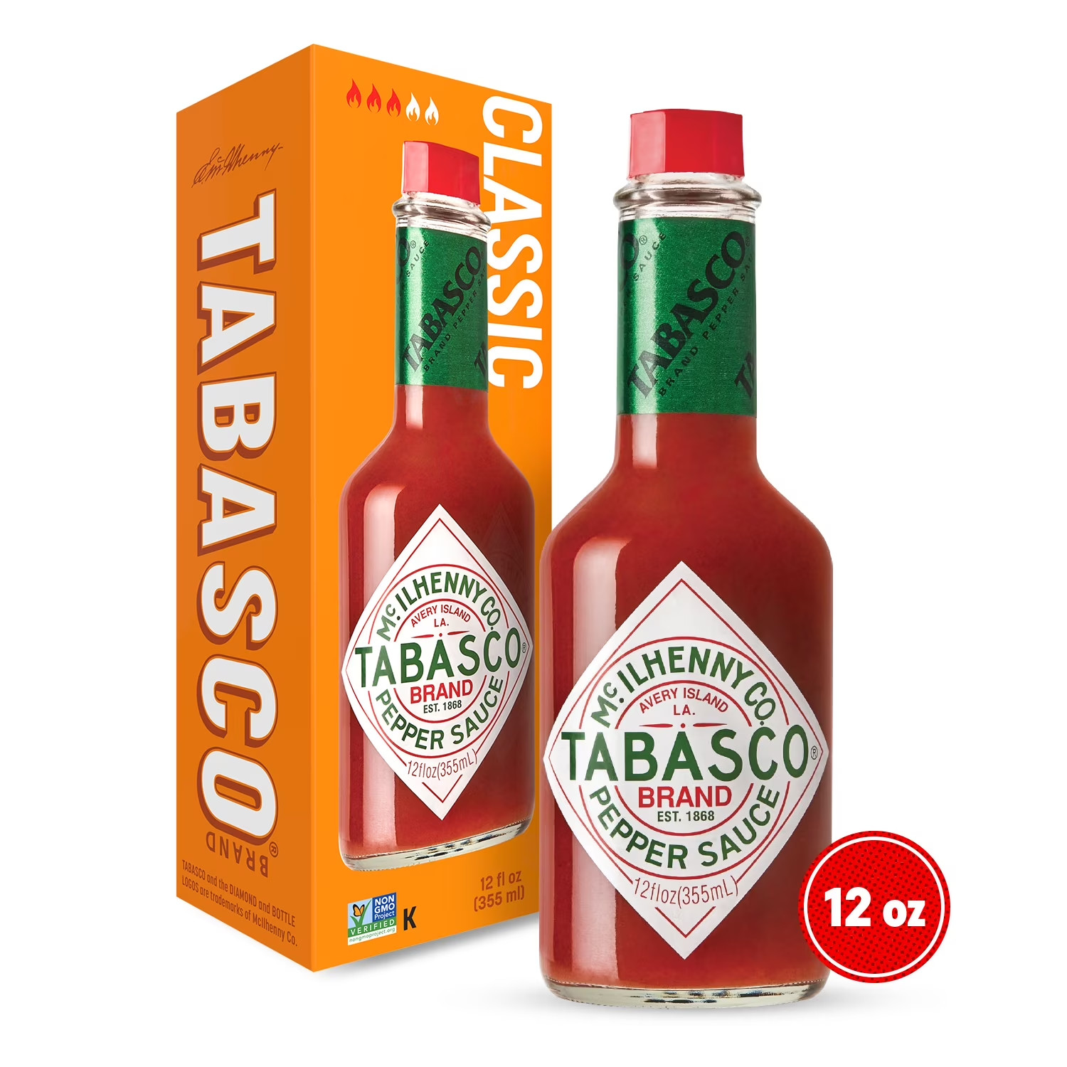 Tabasco Original Red Pepper Sauce, 12 oz, Regular Glass Hot Sauce Bottle, Gluten