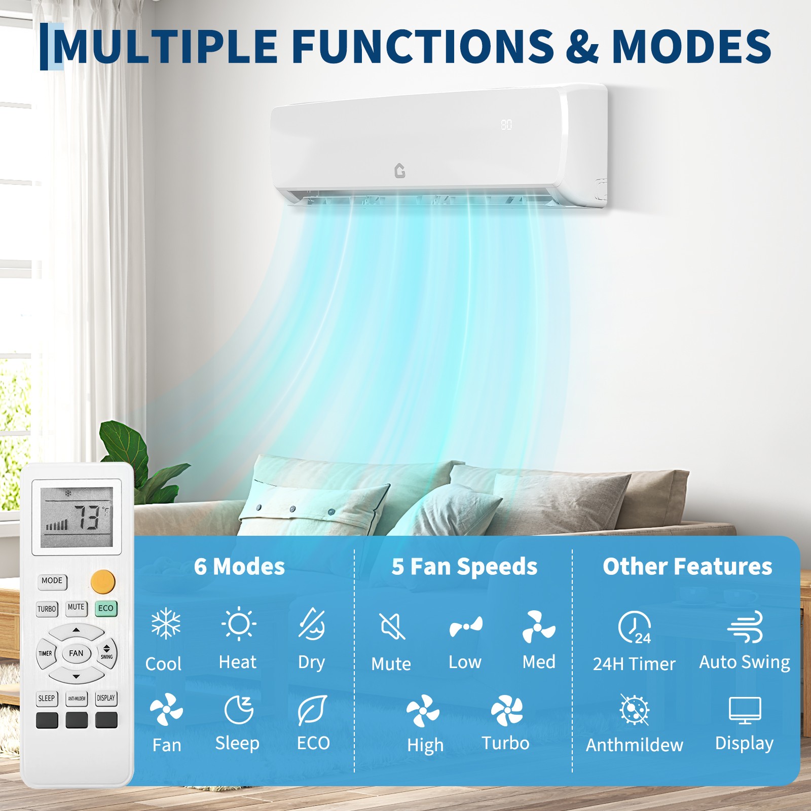 12000 BTU Wall-Mount Ductless Mini Split Air Conditioner & Heater 19 SEER2 115V