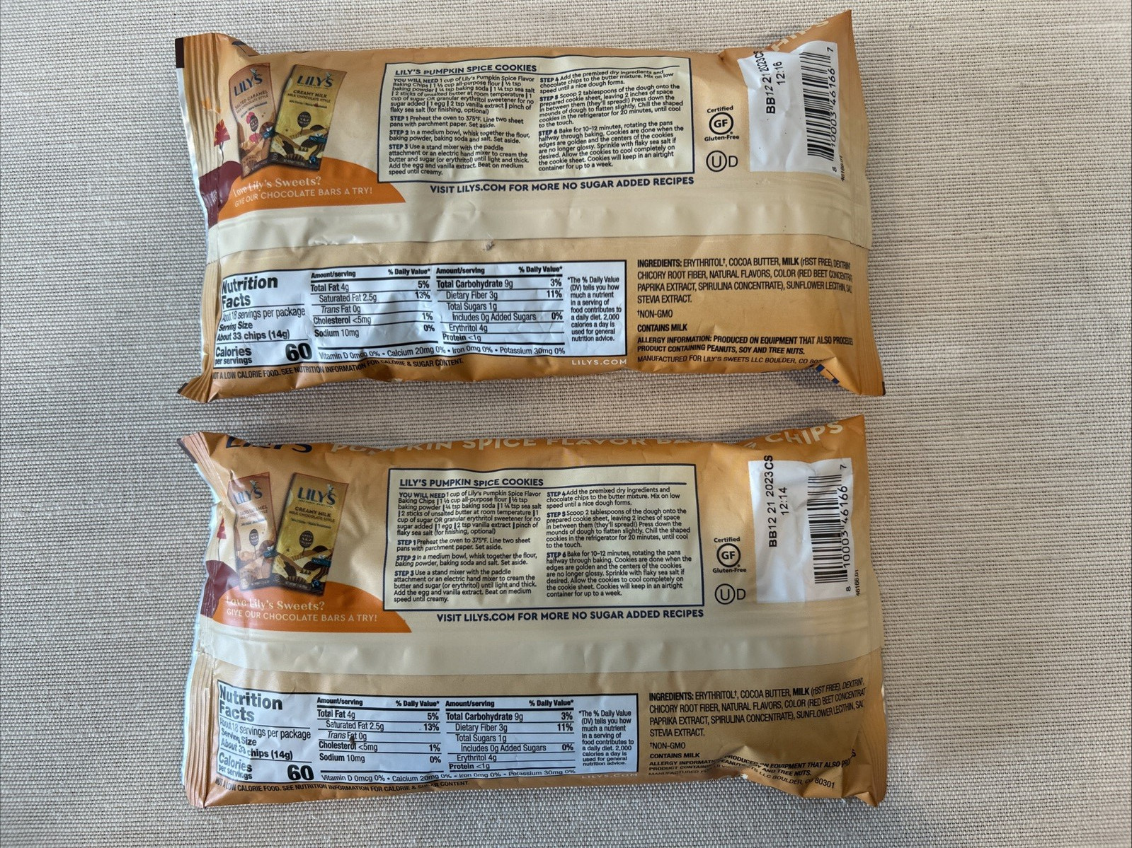 2 BAGS LILY’S WHITE Chocolate Pumpkin Spice Baking Chips 9 OZ NO SUGAR 12/23