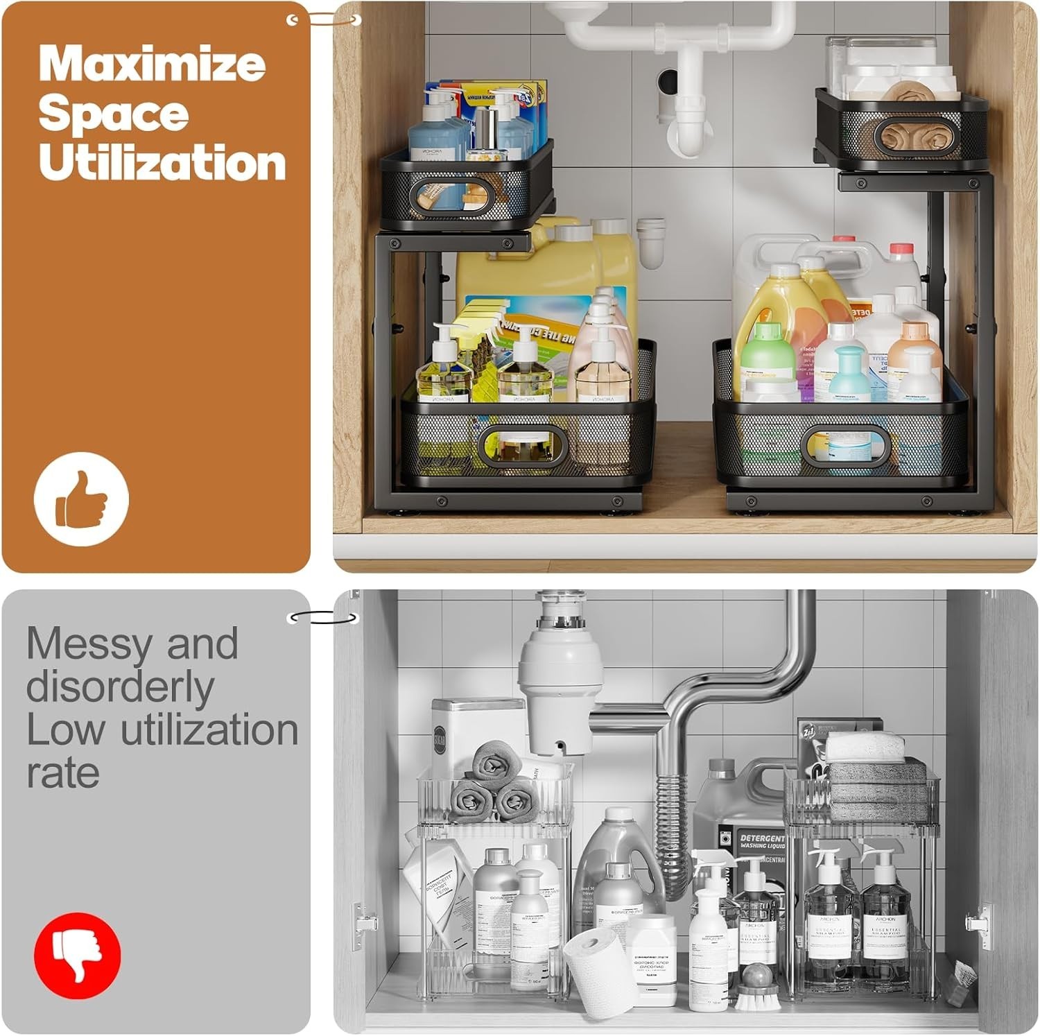 2 Pack 19.3IN-Depth Under Sink Organizer with Smooth Cylindrical Rail,2-Tier Pul