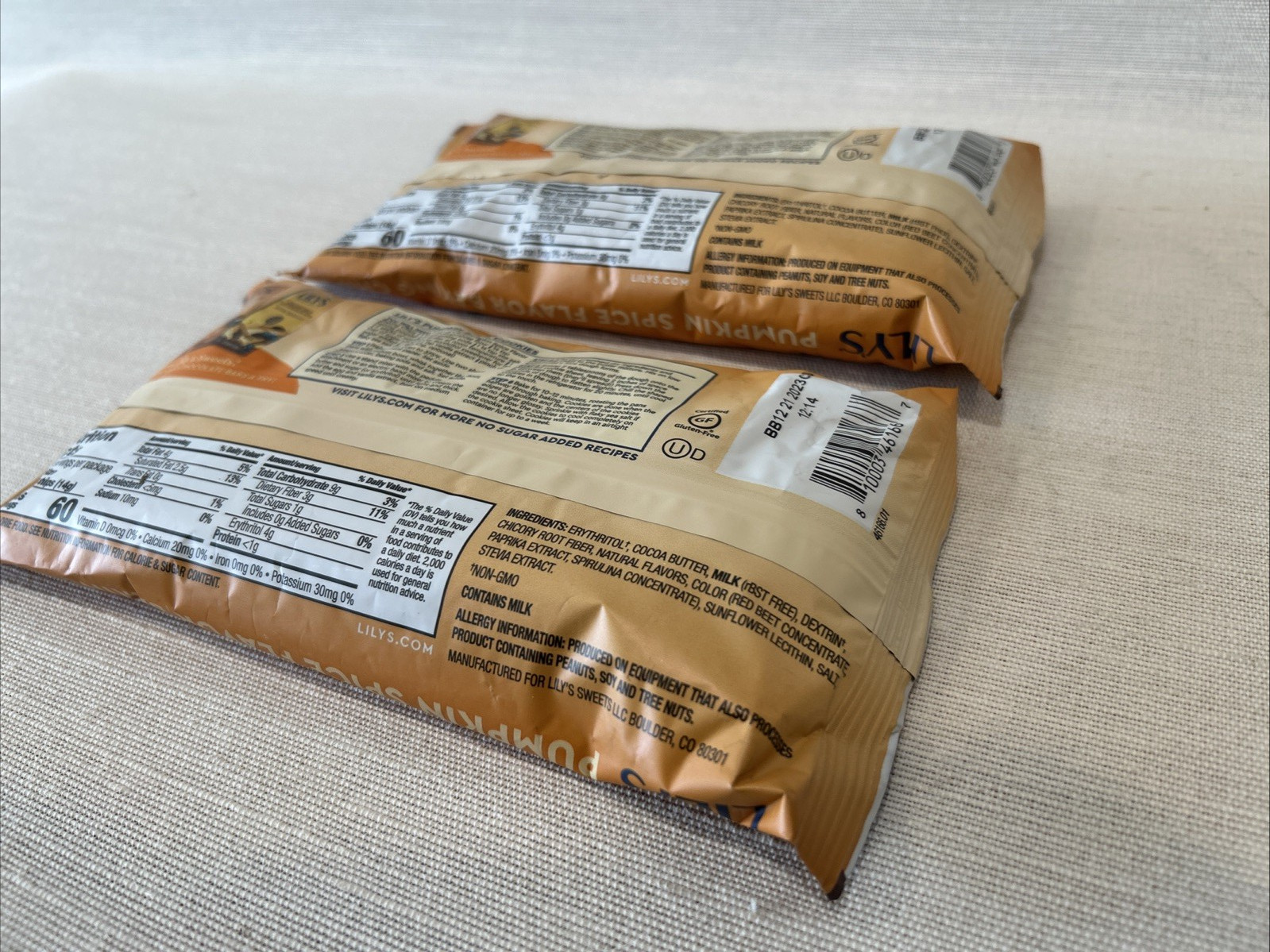 2 BAGS LILY’S WHITE Chocolate Pumpkin Spice Baking Chips 9 OZ NO SUGAR 12/23