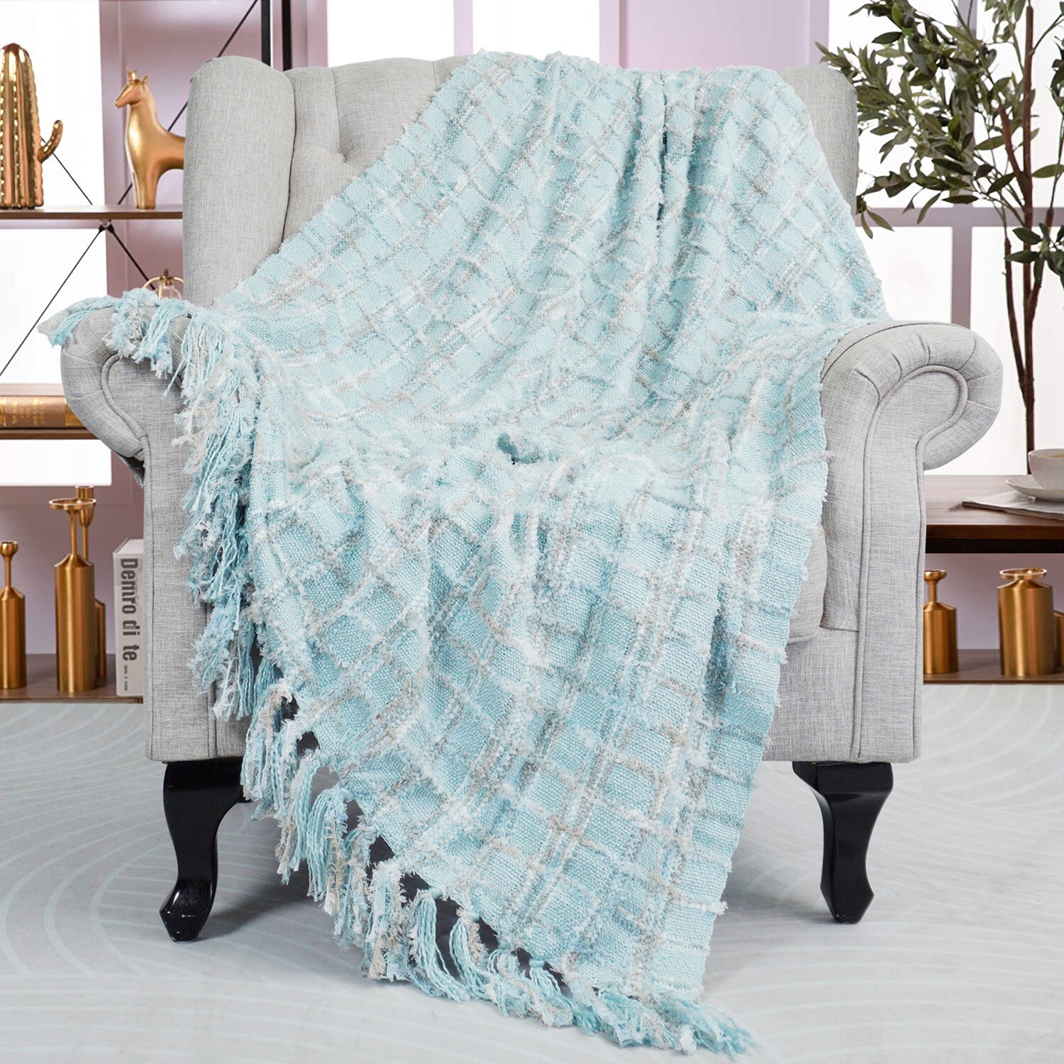 Boho Multi-Color Chenille Knitted Throw Blanket with Decorative Tassels Gift