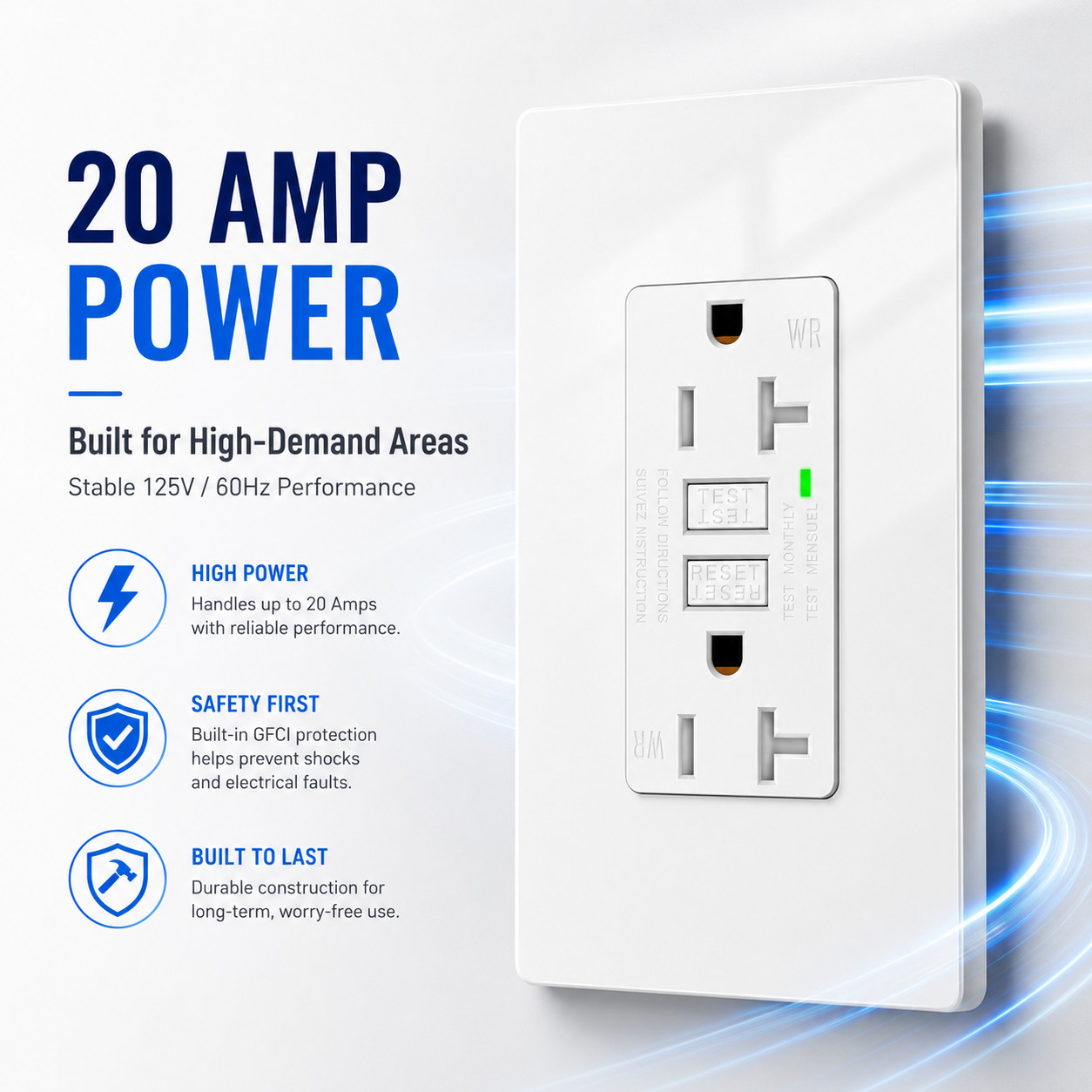 1PK GFCI GFI Outlet 20 Amp TR Weather Resistant with LED Indicator ETL Listed