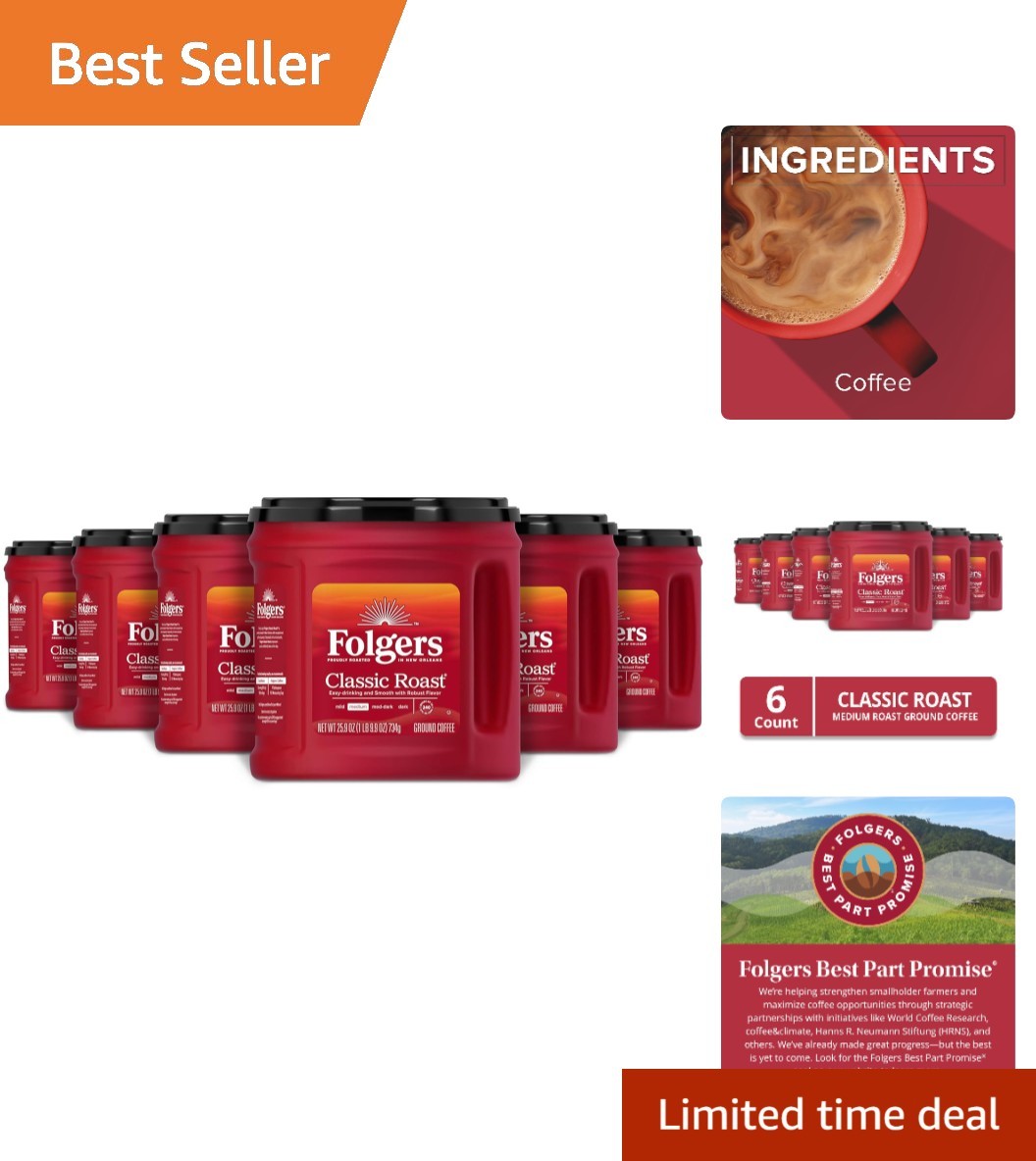 Rich Medium Roast Ground Coffee – 6 Canisters, 155.4 Oz Total for Home Brewing