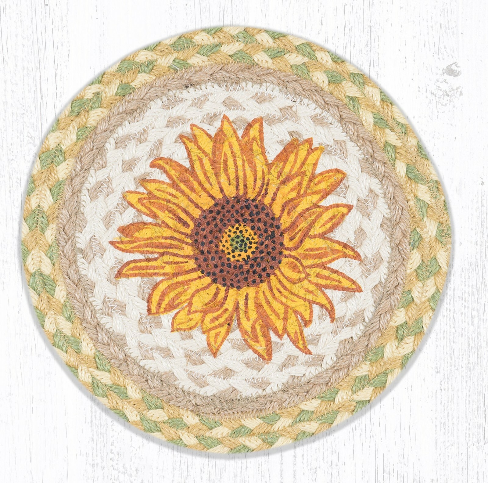Sunflower 10″ Round Placemat Trivet Earth Rugs, Braided Jute, Spring Summer Fall