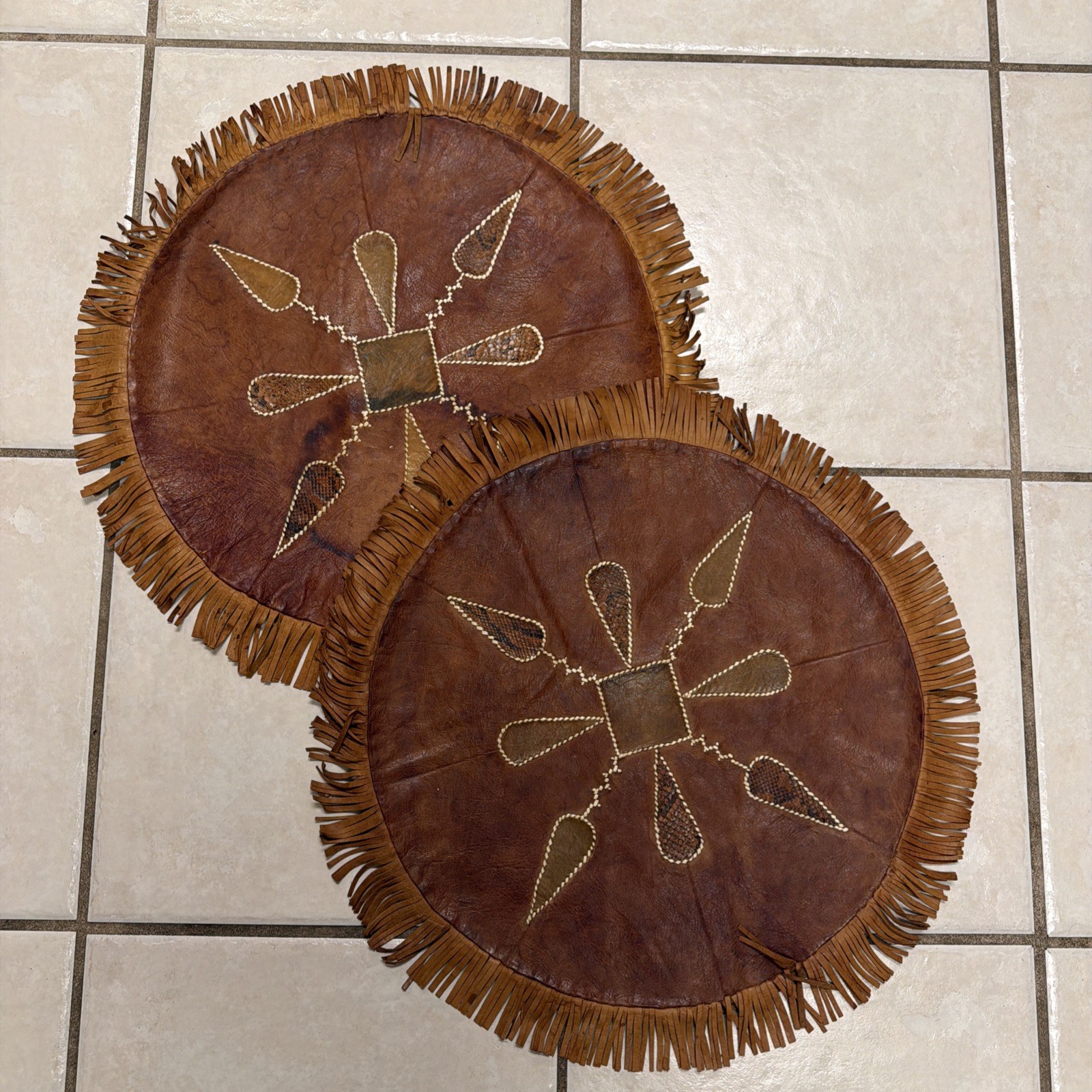 VTG Throw Pillows (2) COVERS Case Native American Design Round Embroidered 16”