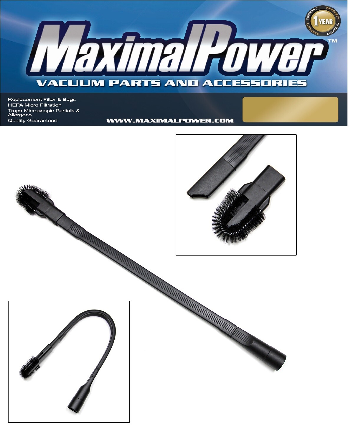 MaximalPower 25″ Long Crevice Tool for Vacuum 1.25″ Hose Detachable Brush Head