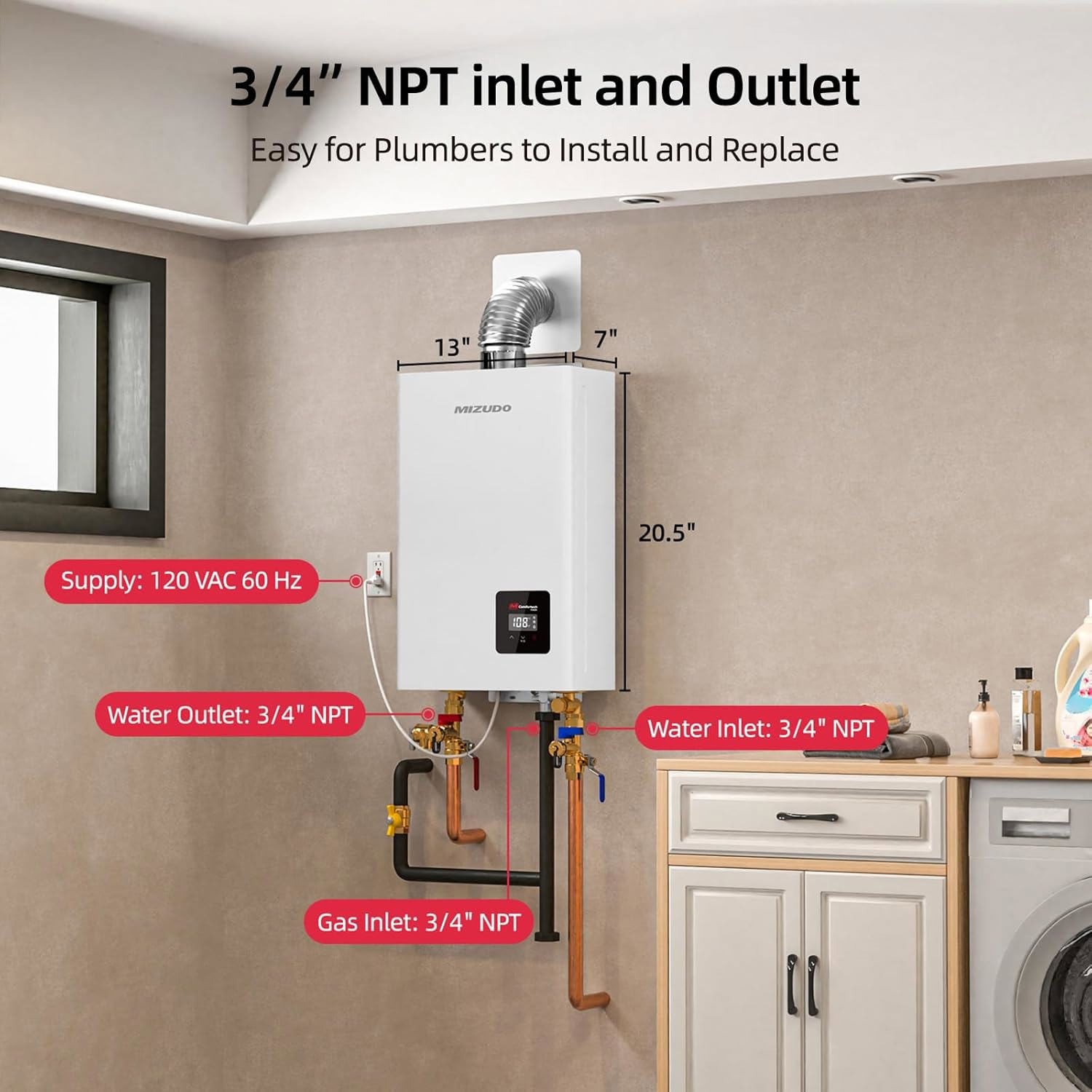 MIZUDO Natural Gas Tankless Water Heater 80,000 BTU 4.3 GPM Indoor Water Heater