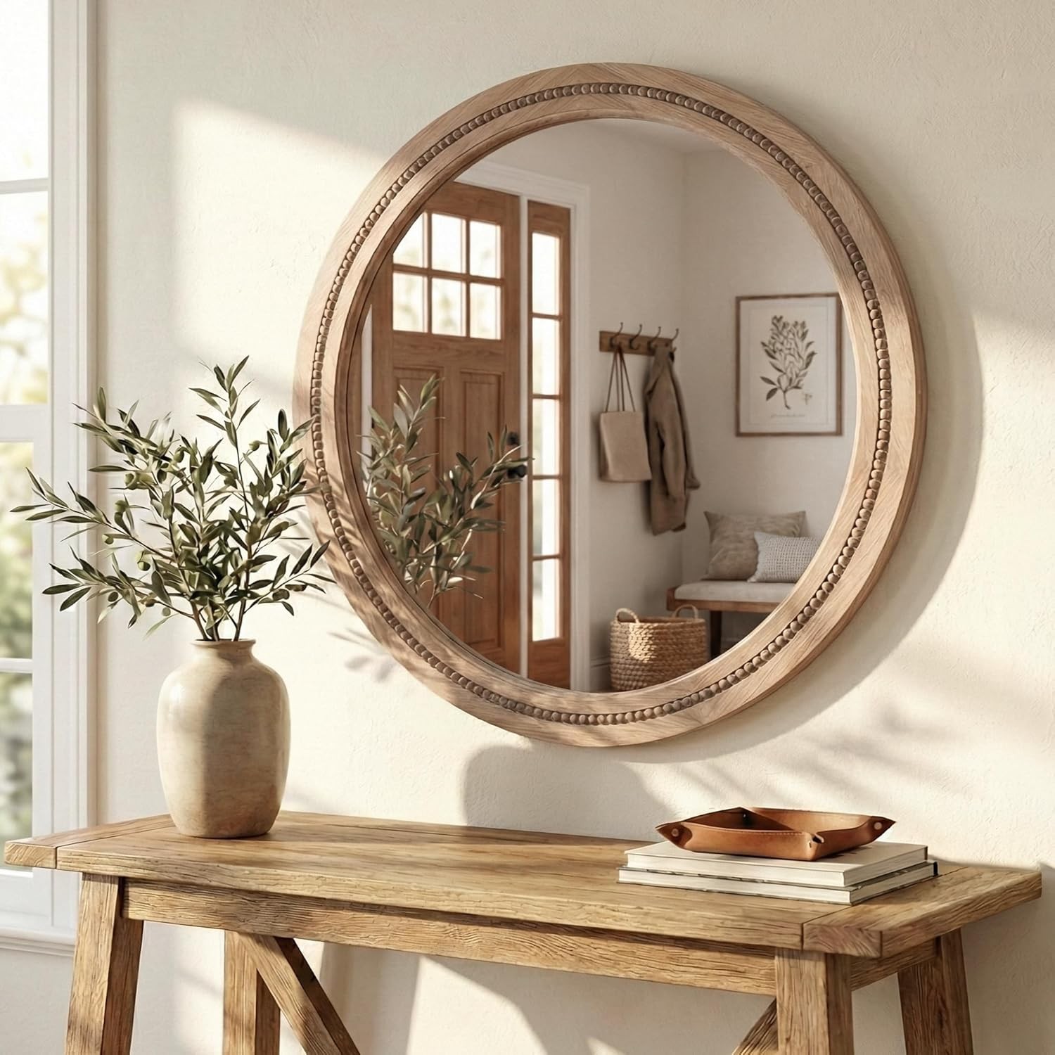 30″ Round Solid Wood Mirror, Handcrafted Beaded Circle for Bathroom Vanity