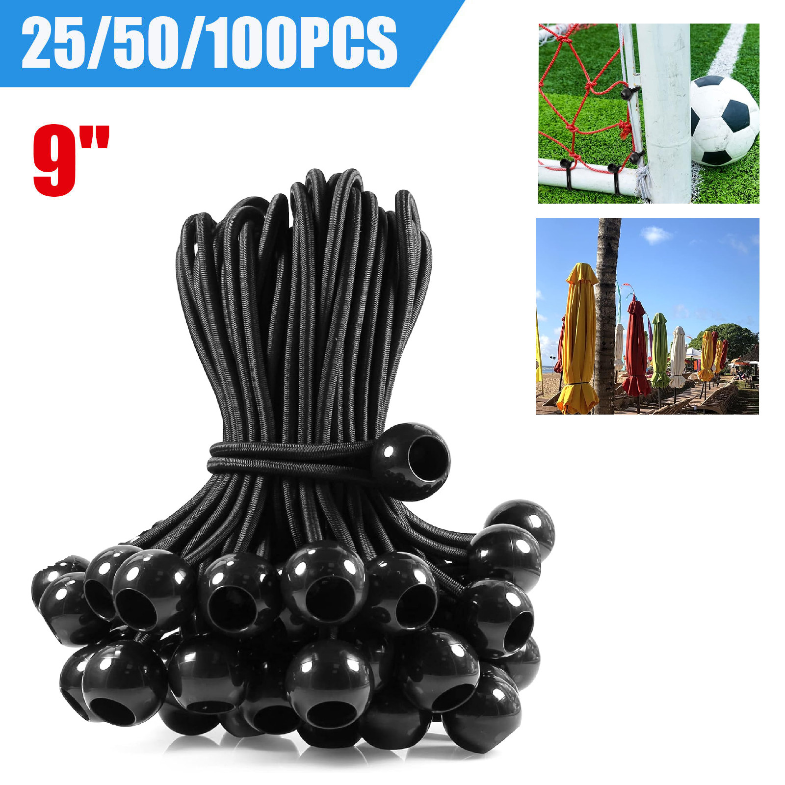 100PCS 50PCS 9″ Black Ball Bungee Bungie Cord Heavy Duty Canopy Tarp Tie Downs