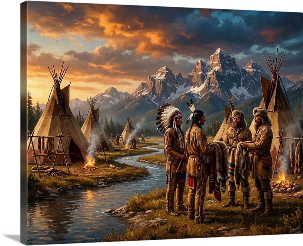 Native American Indians Mountain Men Trading Furs Gallery Canvas Wrap Western